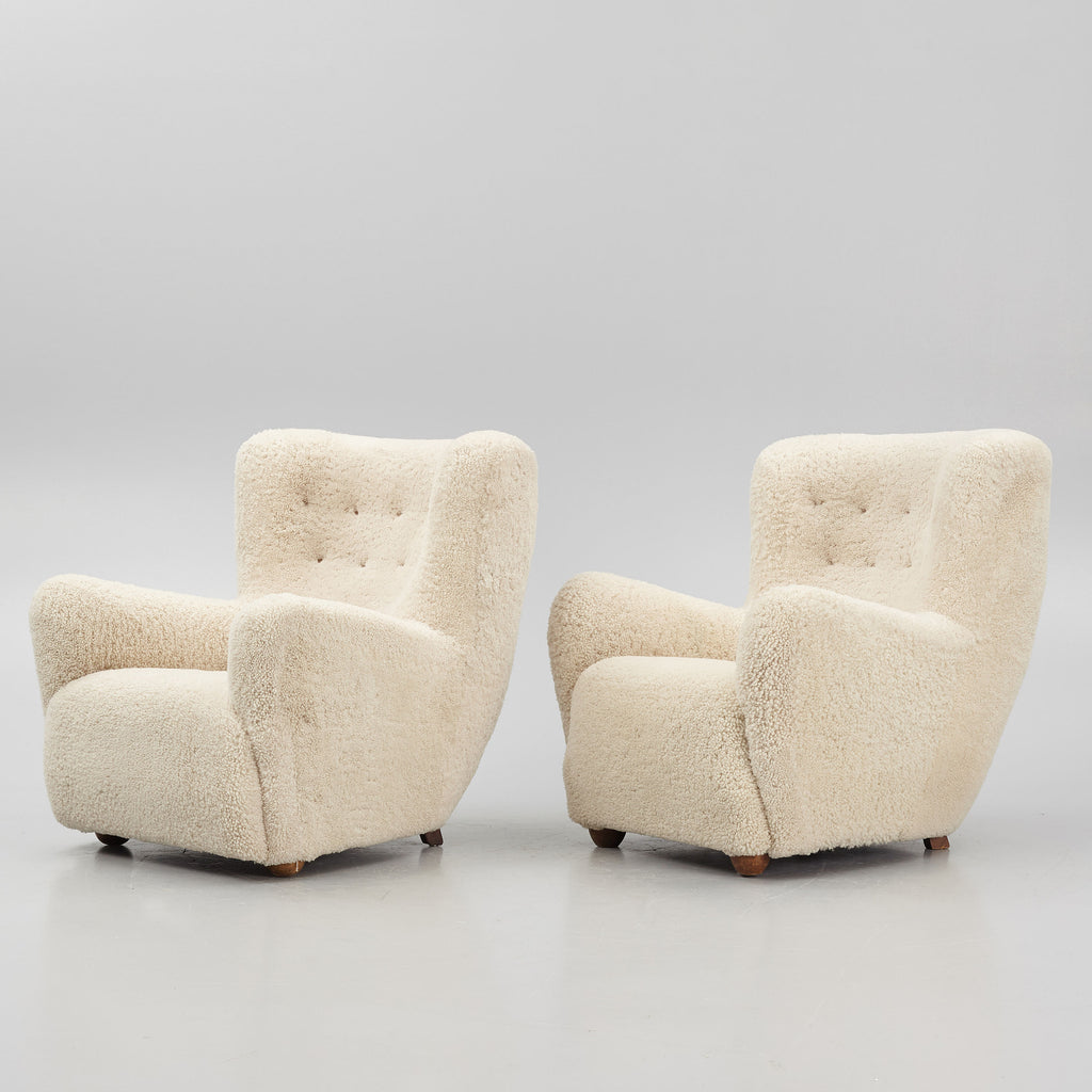 Pair of Danish Modern Sheepskin Lounge Chairs, 1930s–1940s