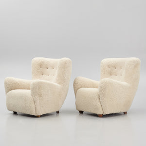 Pair of Danish Modern Sheepskin Lounge Chairs, 1930s–1940s