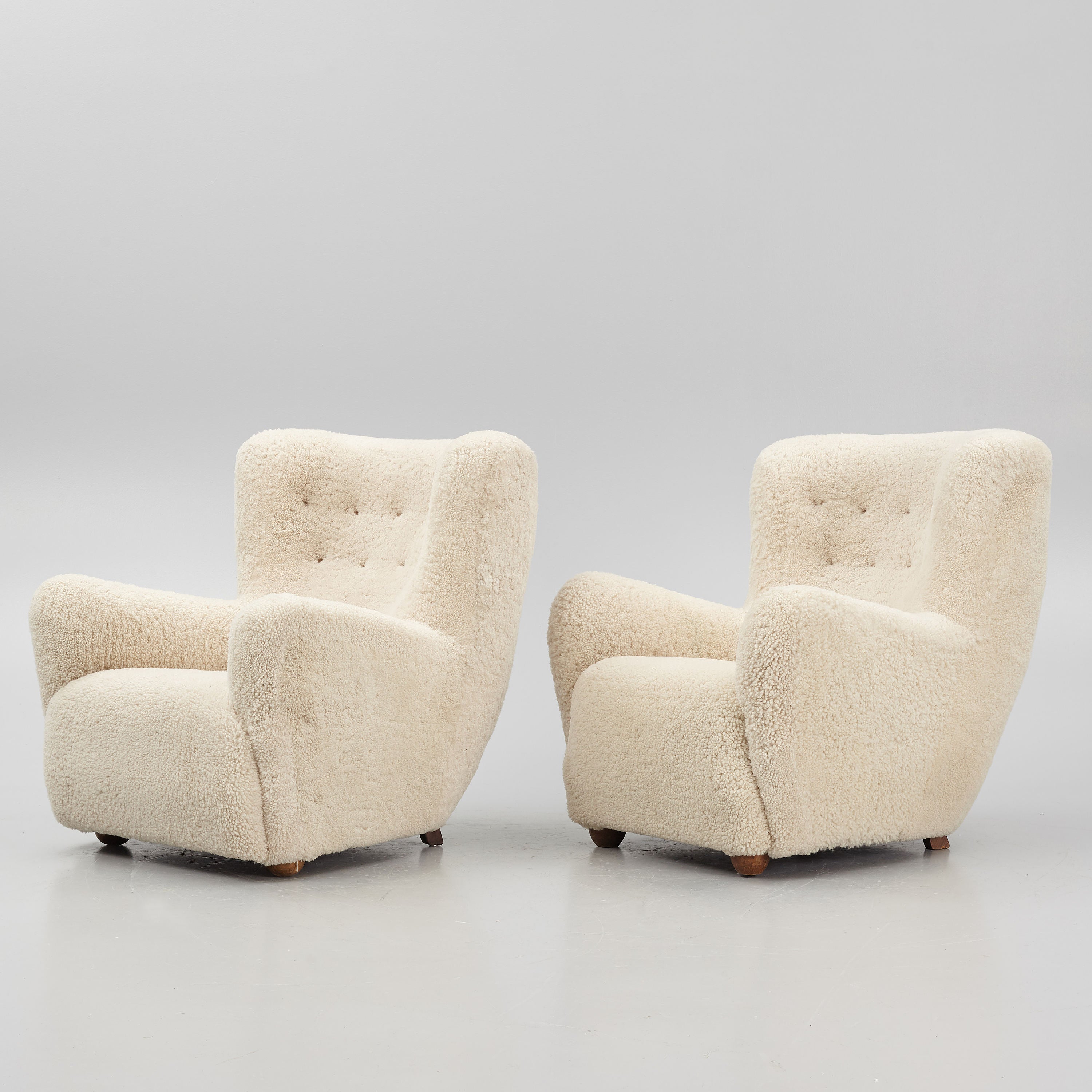 Pair of Danish Modern Sheepskin Lounge Chairs, 1930s–1940s