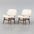 Pair of Mid-Century Lounge Chairs in Beech and Sheepskin-Style Upholstery