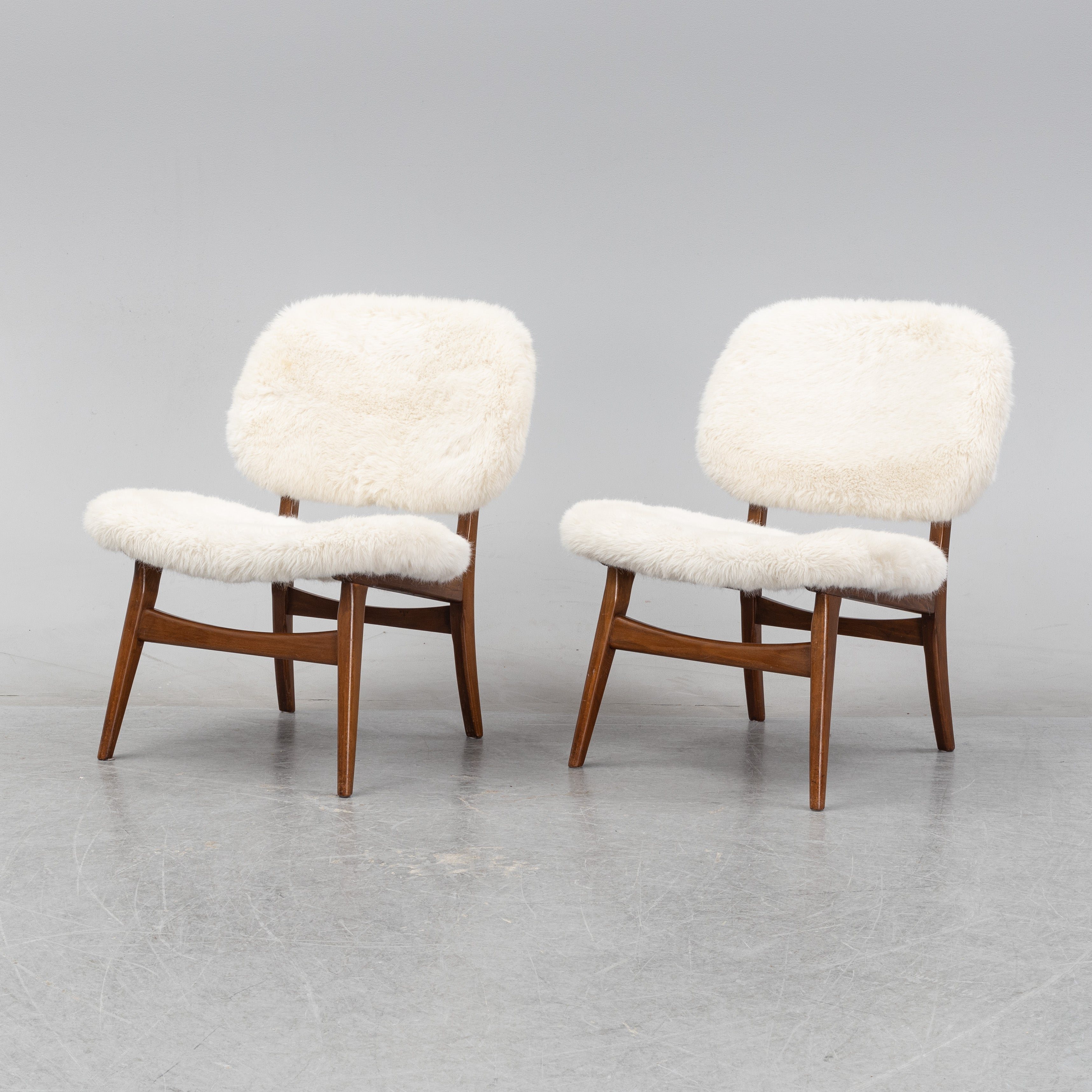 Pair of Mid-Century Lounge Chairs in Beech and Sheepskin-Style Upholstery