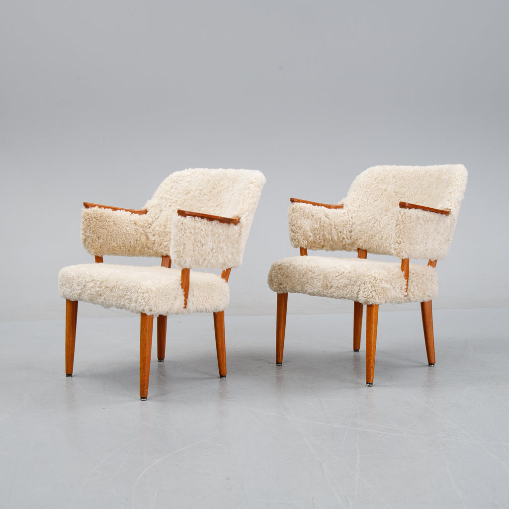 Scandinavian Teak and Sheepskin Easy Chairs, Pair, 1950s