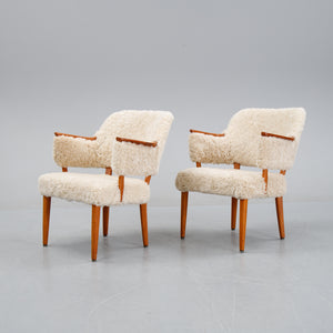 Scandinavian Teak and Sheepskin Easy Chairs, Pair, 1950s