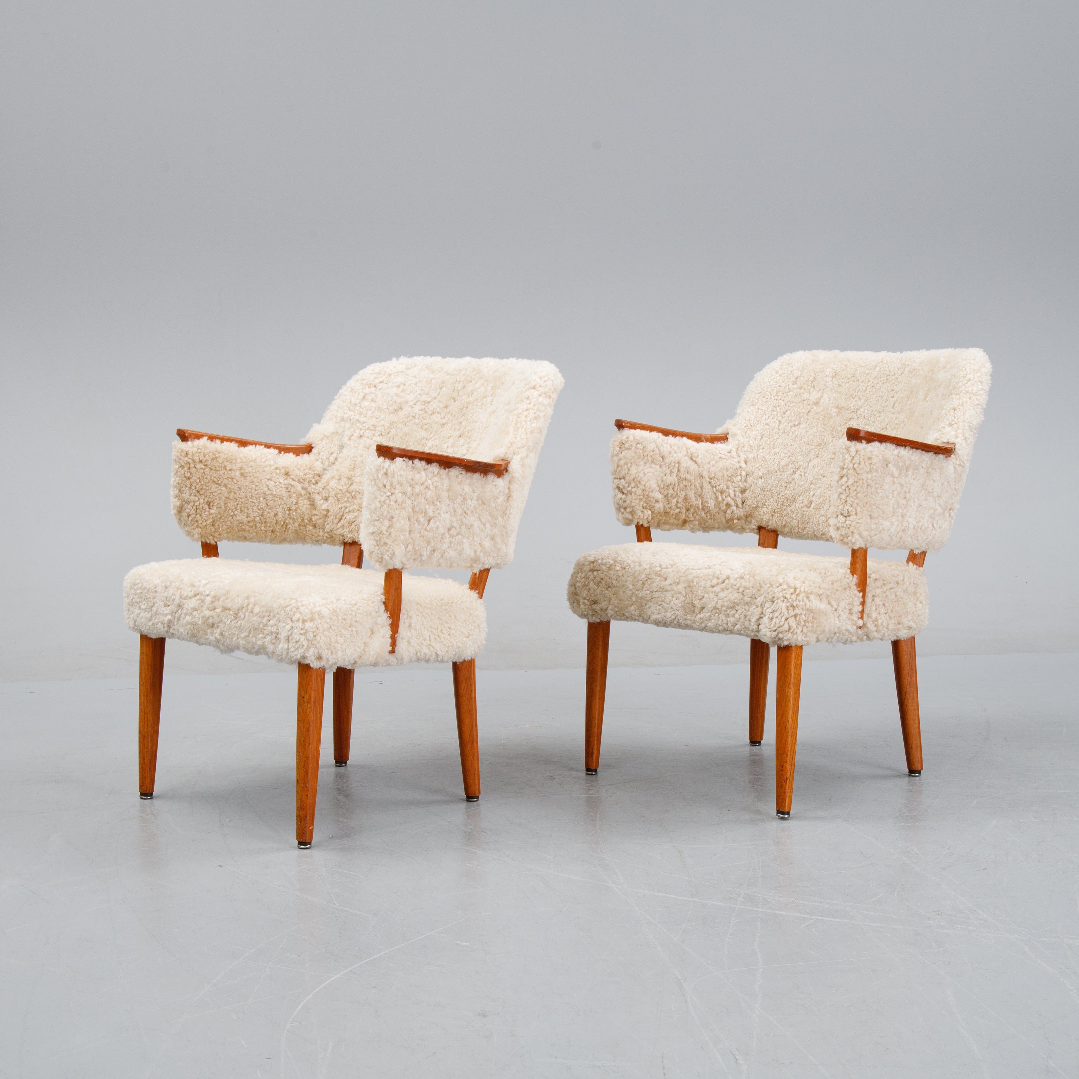 Scandinavian Teak and Sheepskin Easy Chairs, Pair, 1950s