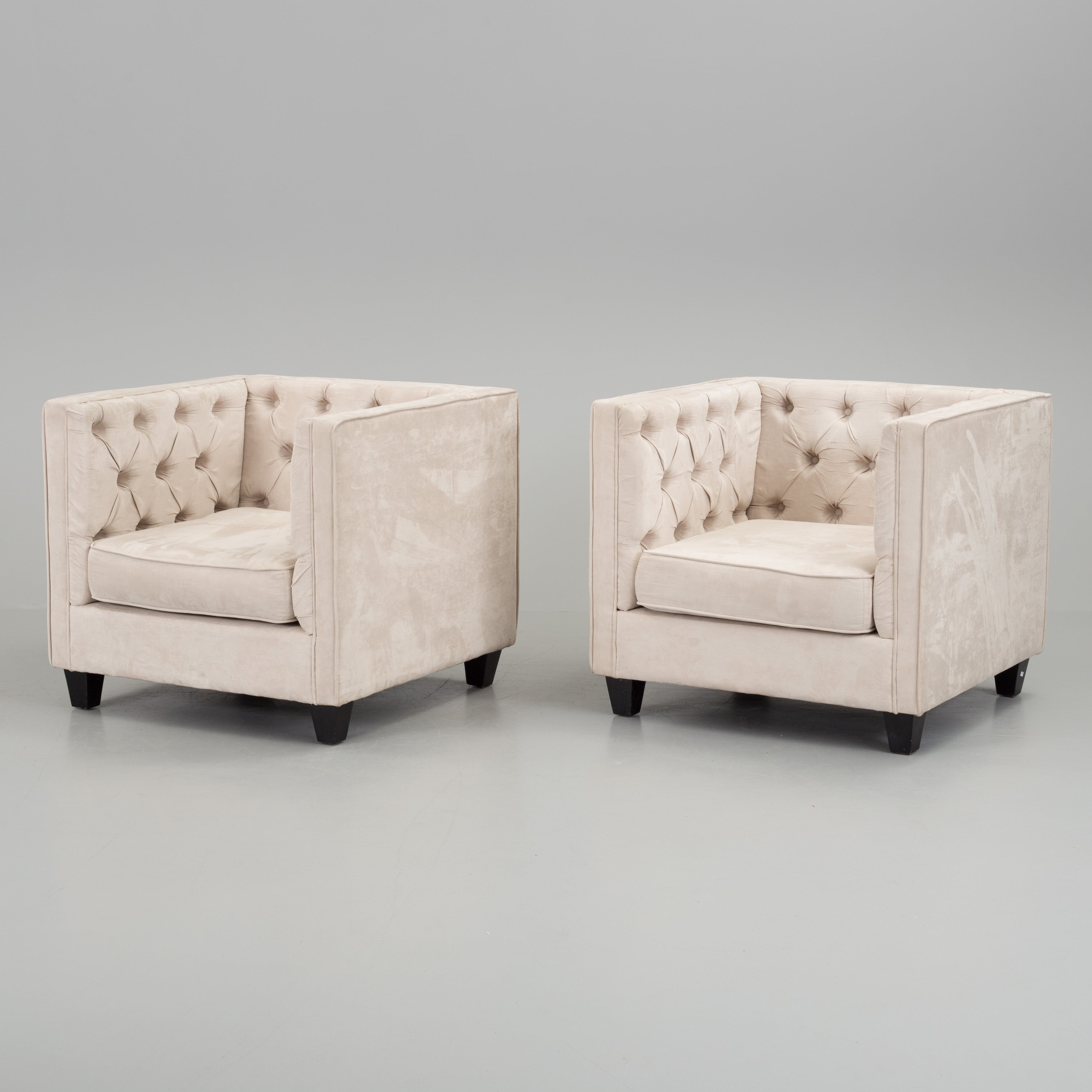Italian Cube Club Armchairs, Pair, Cream Upholstery