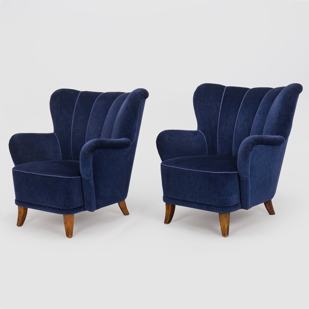 Mid-Century Scandinavian Armchairs, Pair, Blue Upholstery
