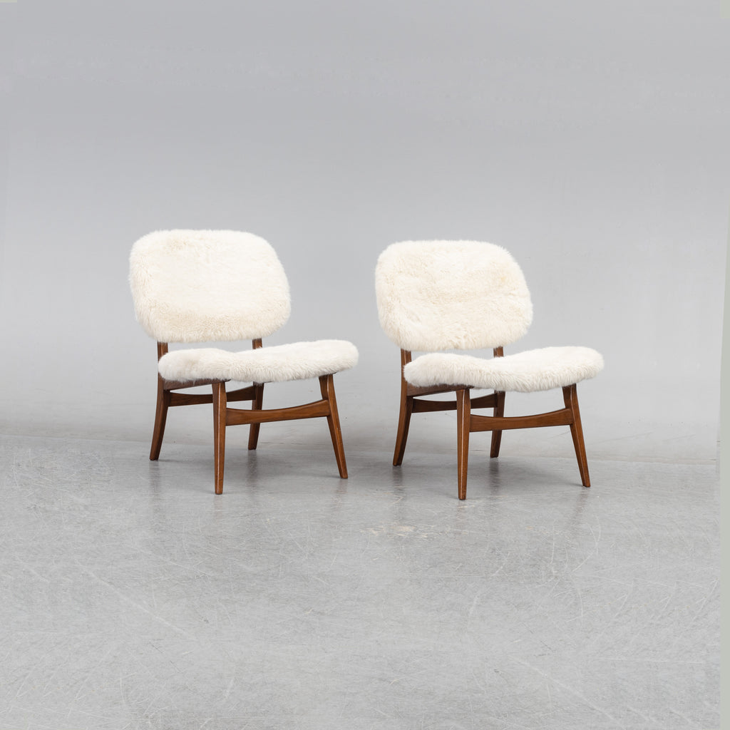 Pair of Mid-Century Lounge Chairs in Beech and Sheepskin-Style Upholstery