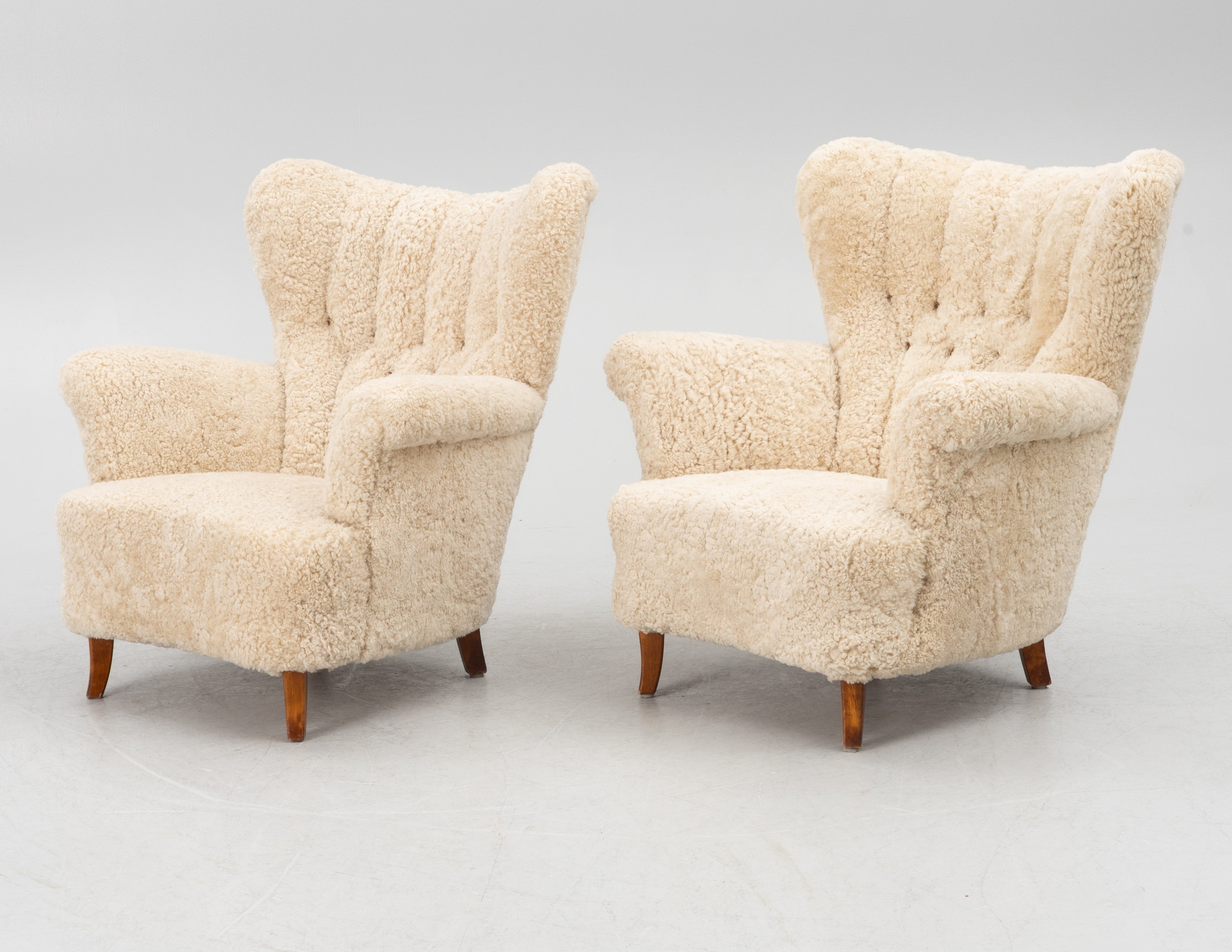 Mid Century Lounge Chairs Beech Sheepskin Pair