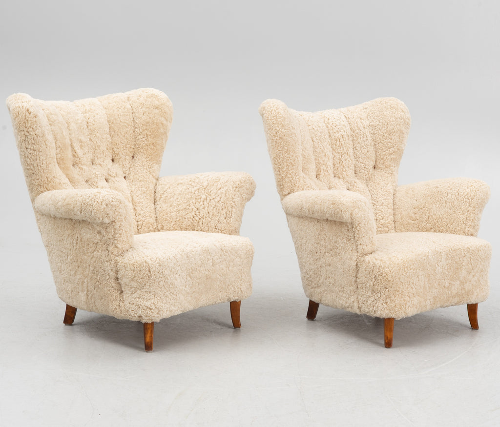 Mid Century Lounge Chairs Beech Sheepskin Pair