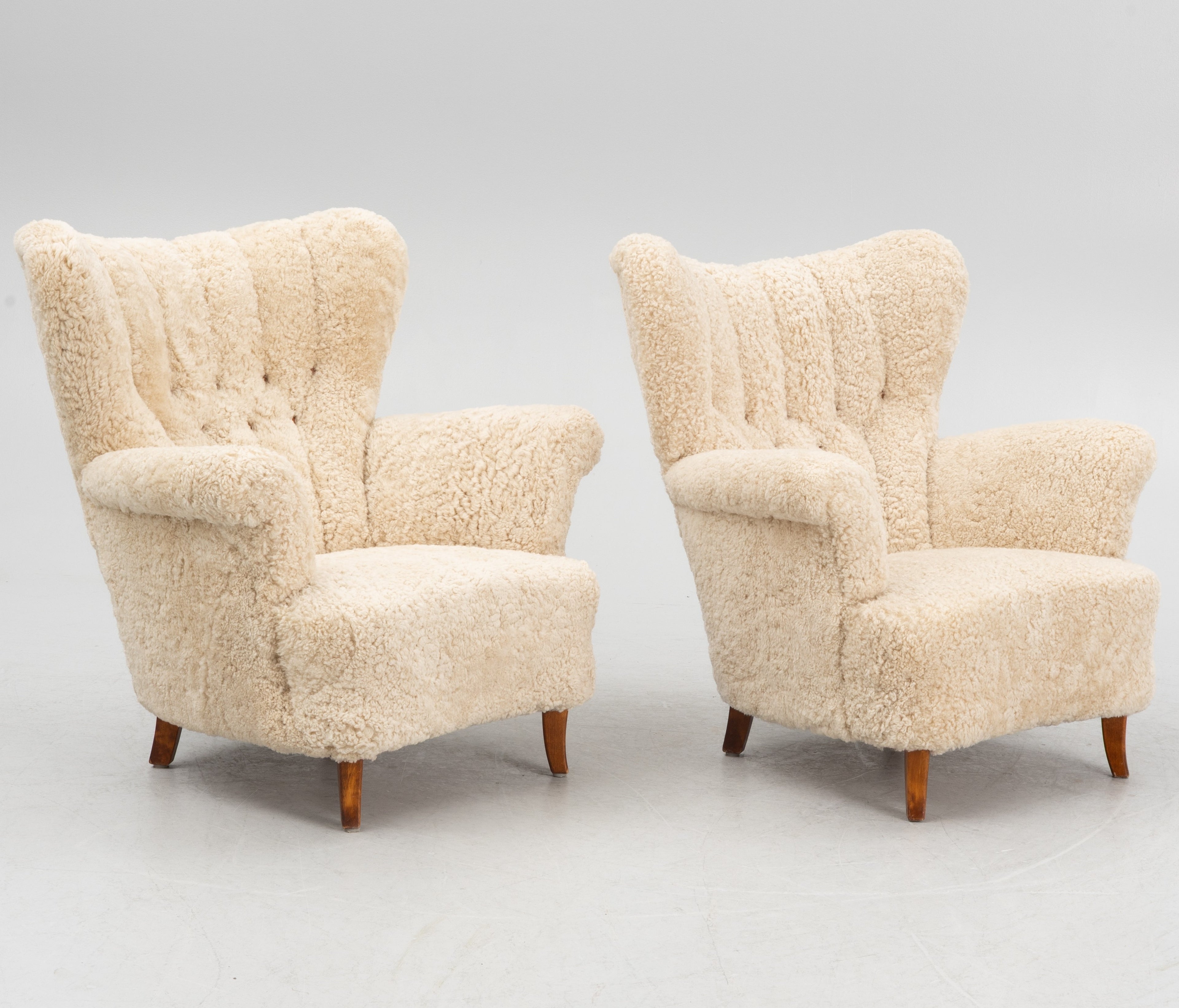 Mid Century Lounge Chairs Beech Sheepskin Pair