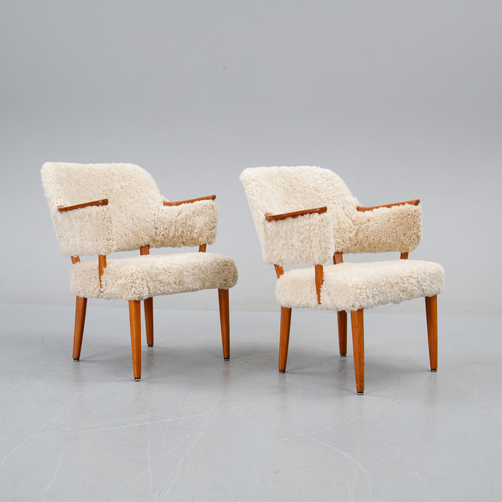 Scandinavian Teak and Sheepskin Easy Chairs, Pair, 1950s