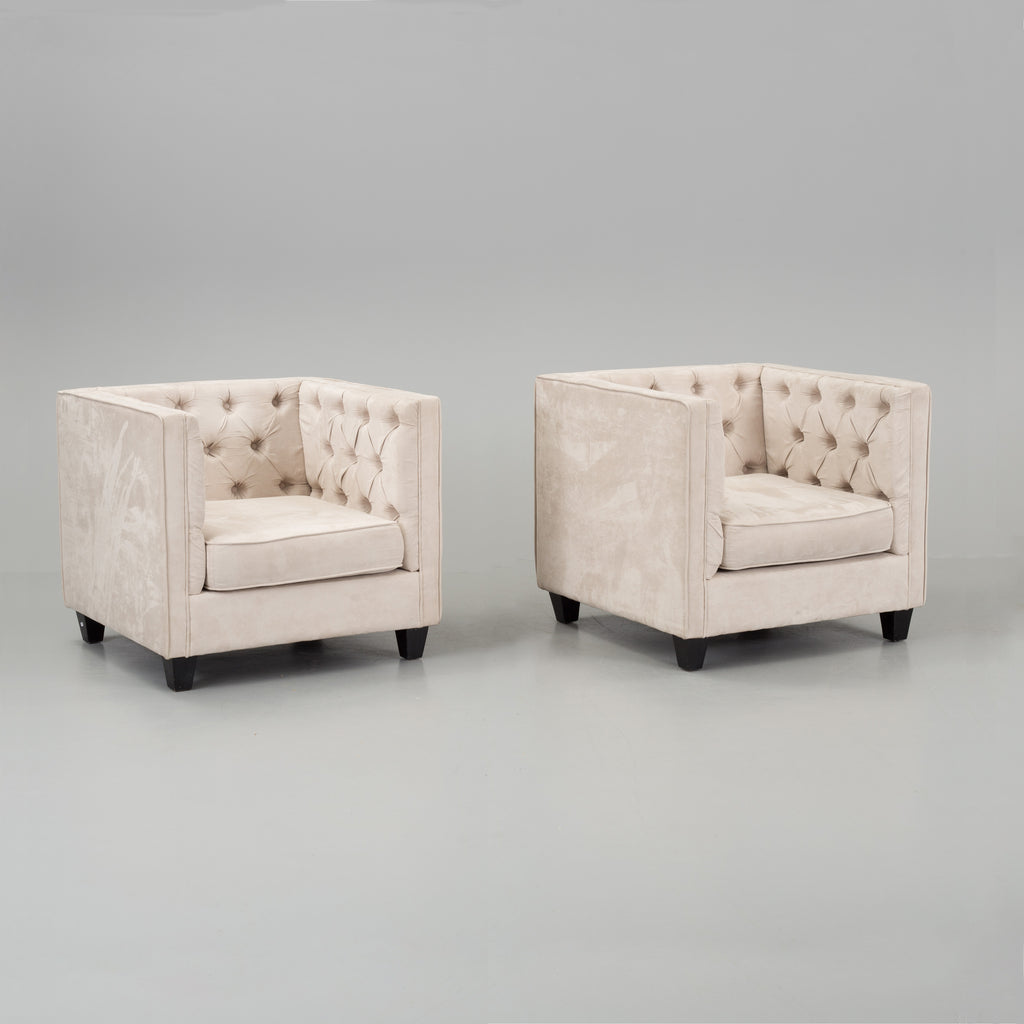 Italian Cube Club Armchairs, Pair, Cream Upholstery