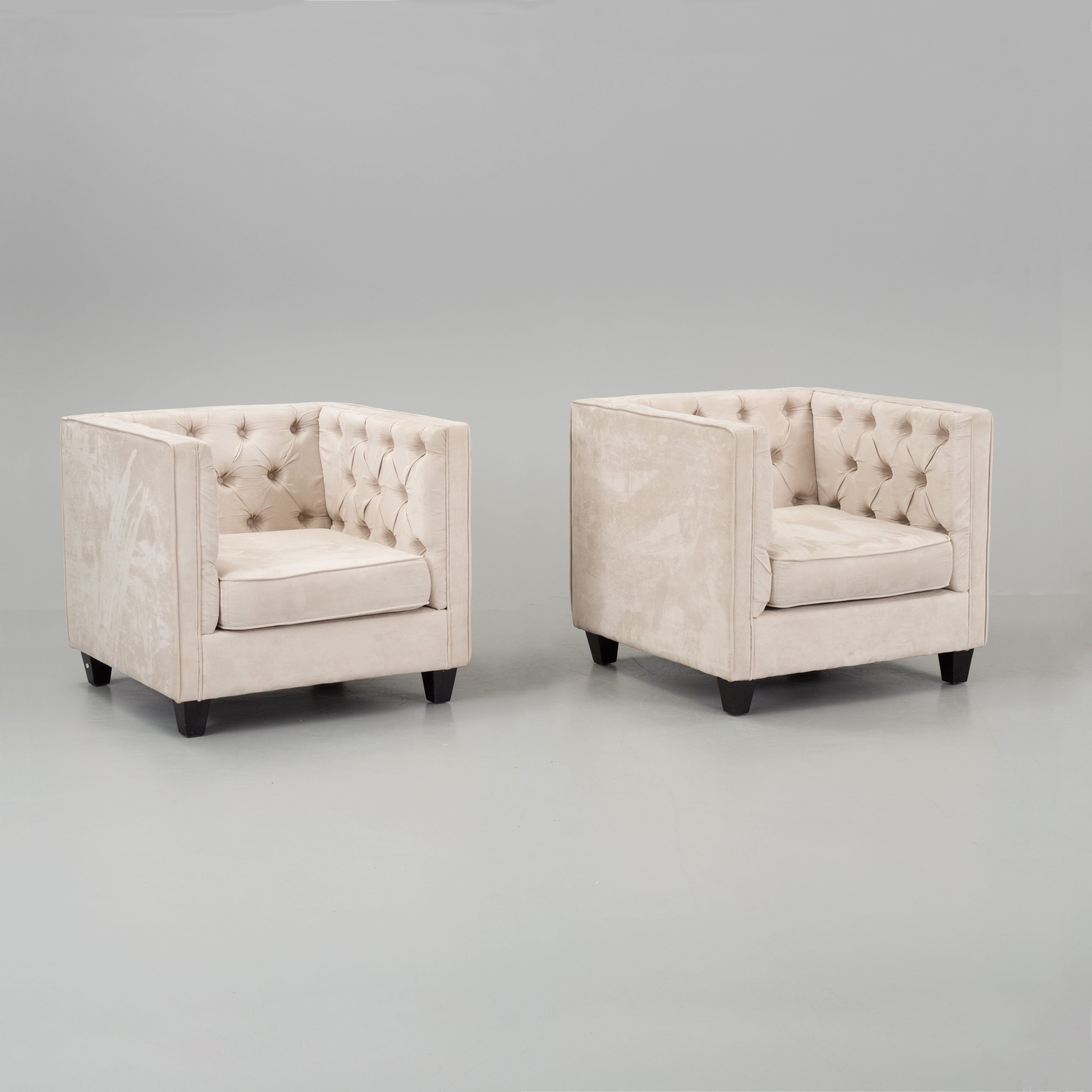 Italian Cube Club Armchairs, Pair, Cream Upholstery