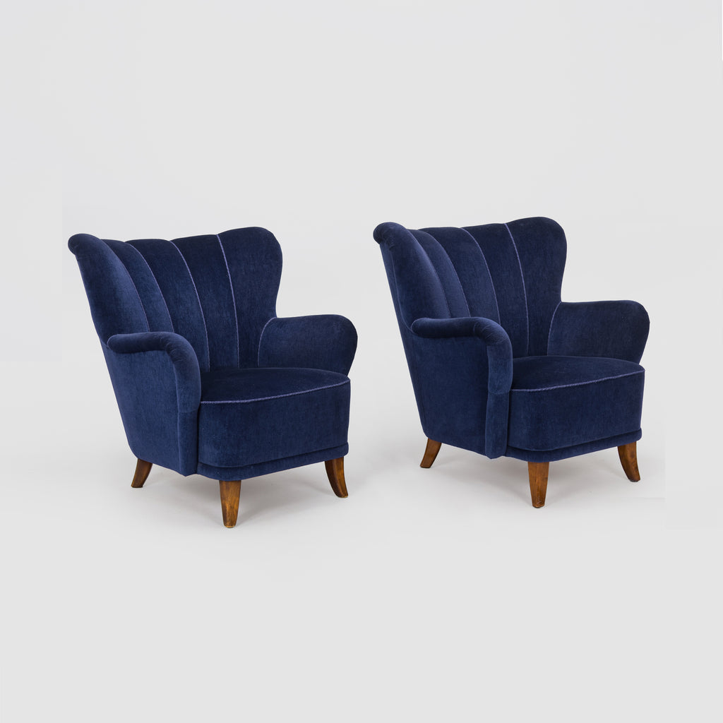 Mid-Century Scandinavian Armchairs, Pair, Blue Upholstery