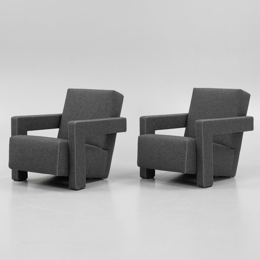 Gerrit Rietveld Utrecht Armchairs for Cassina, Pair in Light Gray Wool