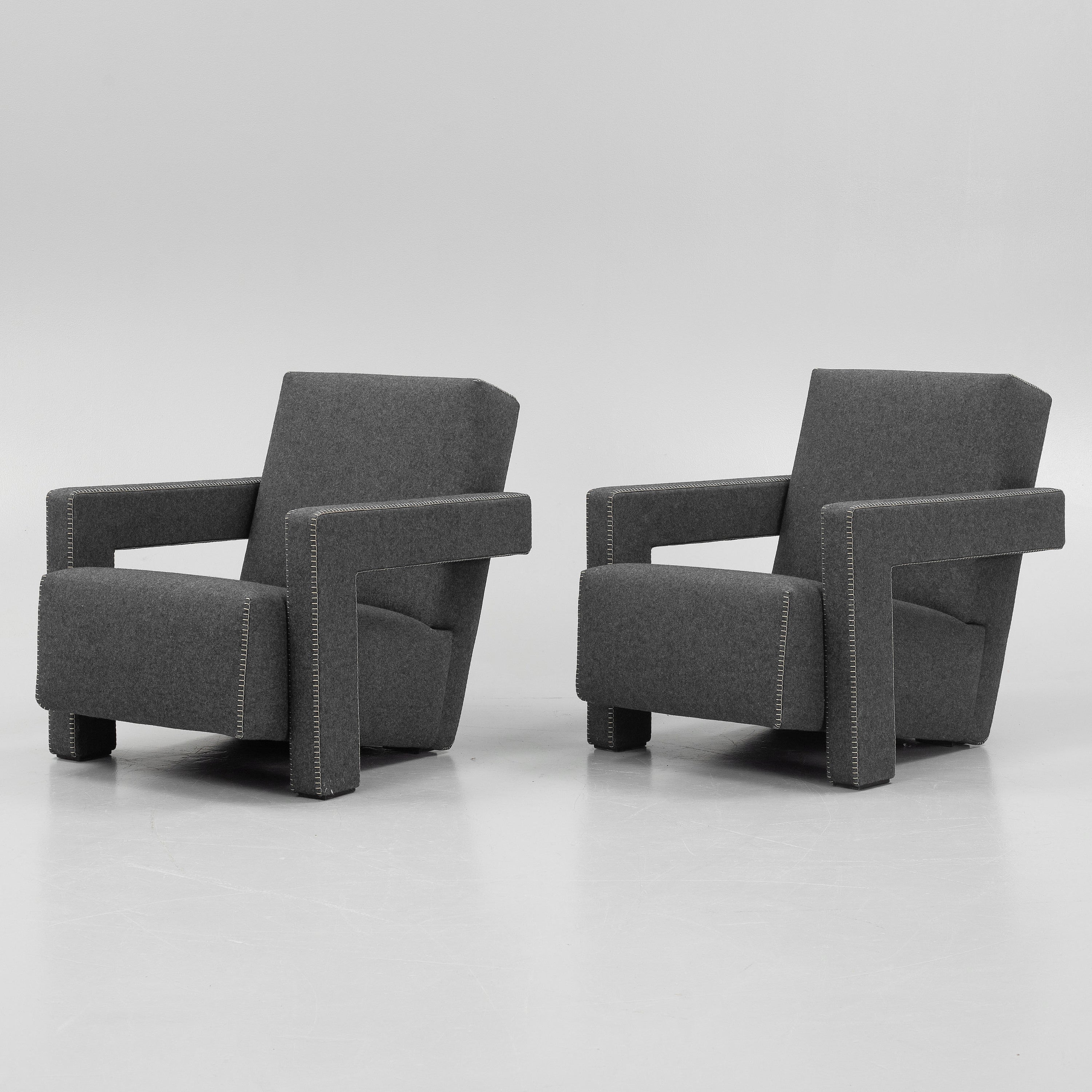 Gerrit Rietveld Utrecht Armchairs for Cassina, Pair in Light Gray Wool