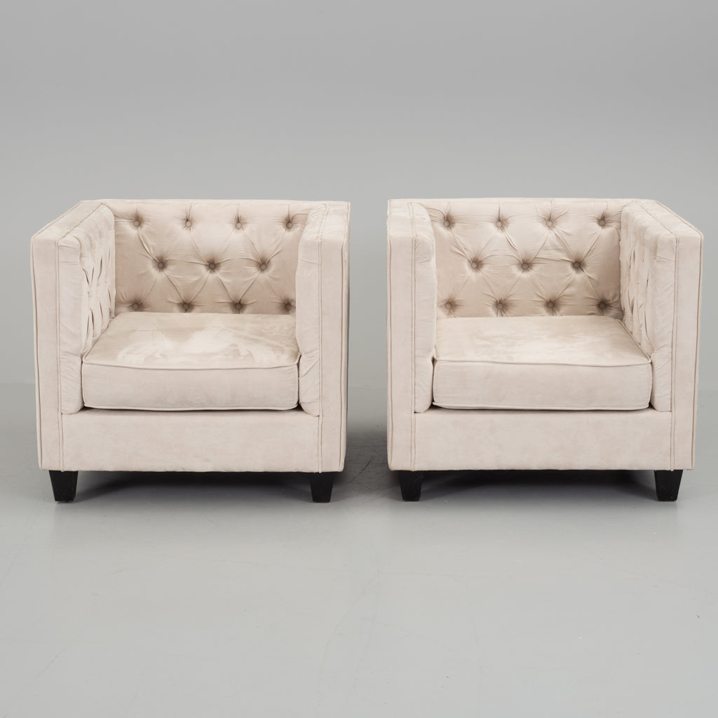 Italian Cube Club Armchairs, Pair, Cream Upholstery