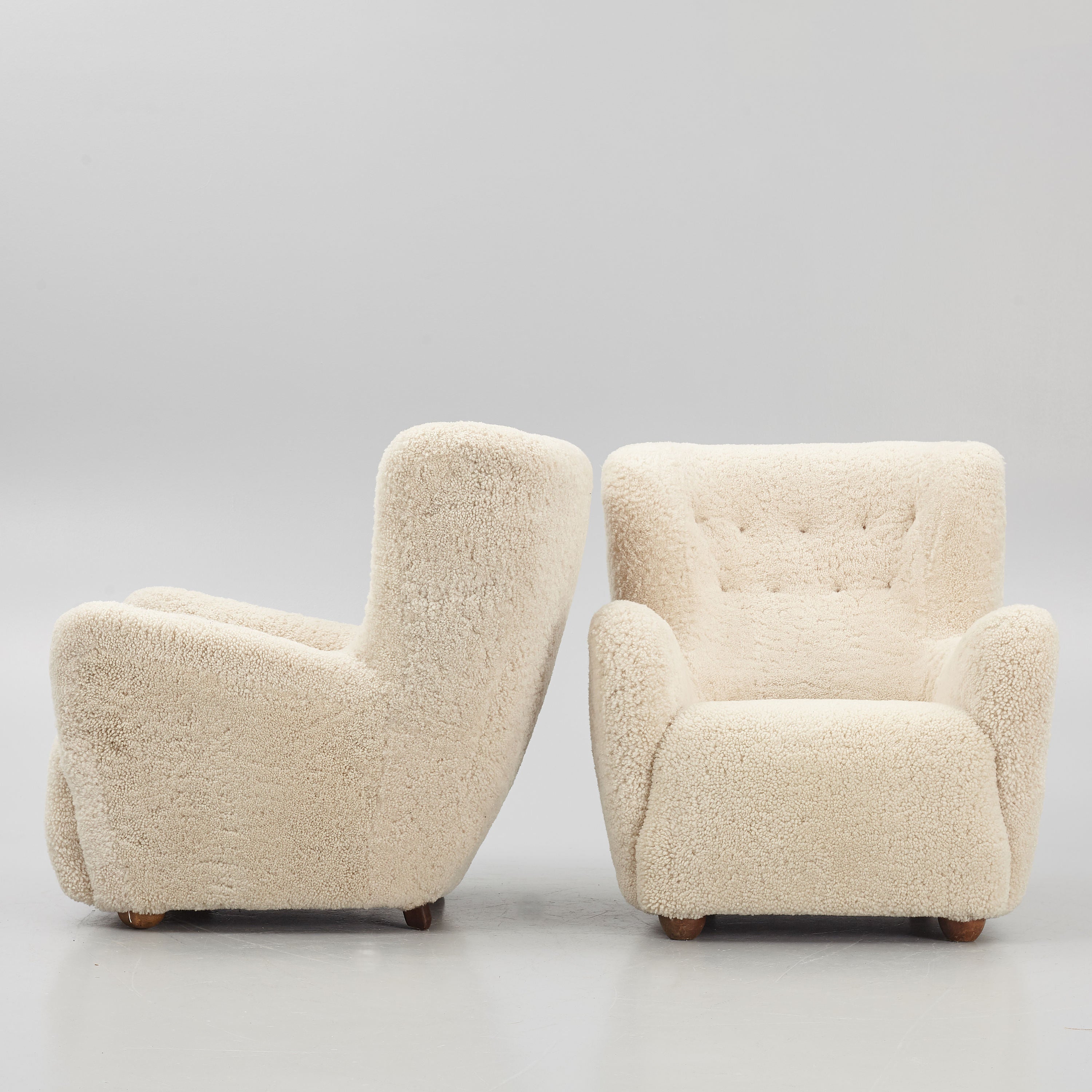 Pair of Danish Modern Sheepskin Lounge Chairs, 1930s–1940s