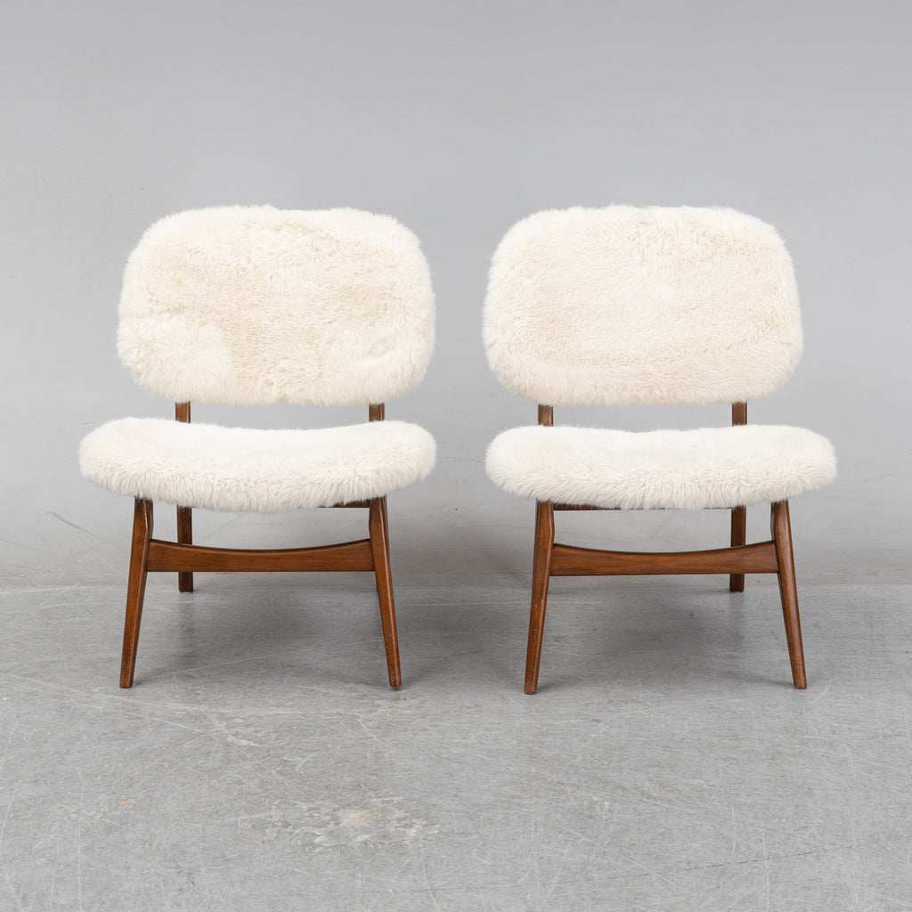 Pair of Mid-Century Lounge Chairs in Beech and Sheepskin-Style Upholstery