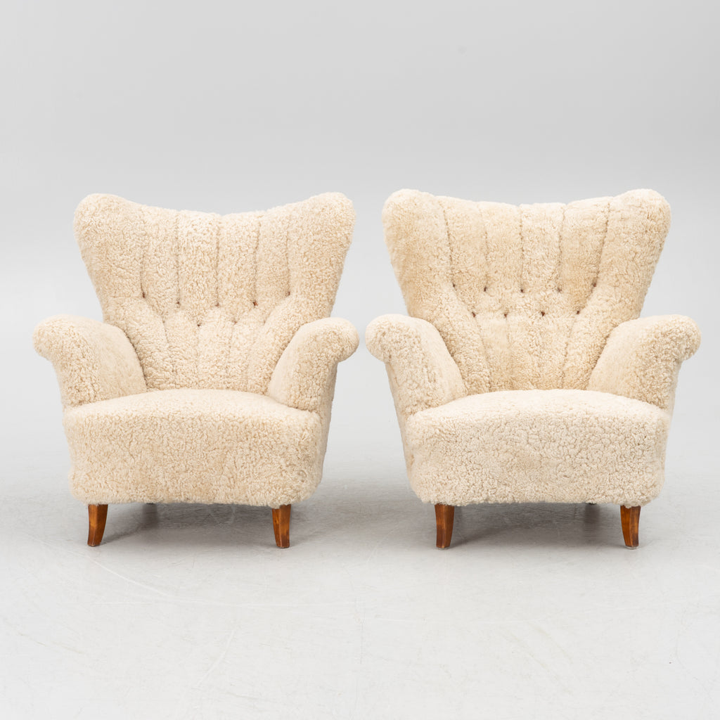 Mid Century Lounge Chairs Beech Sheepskin Pair