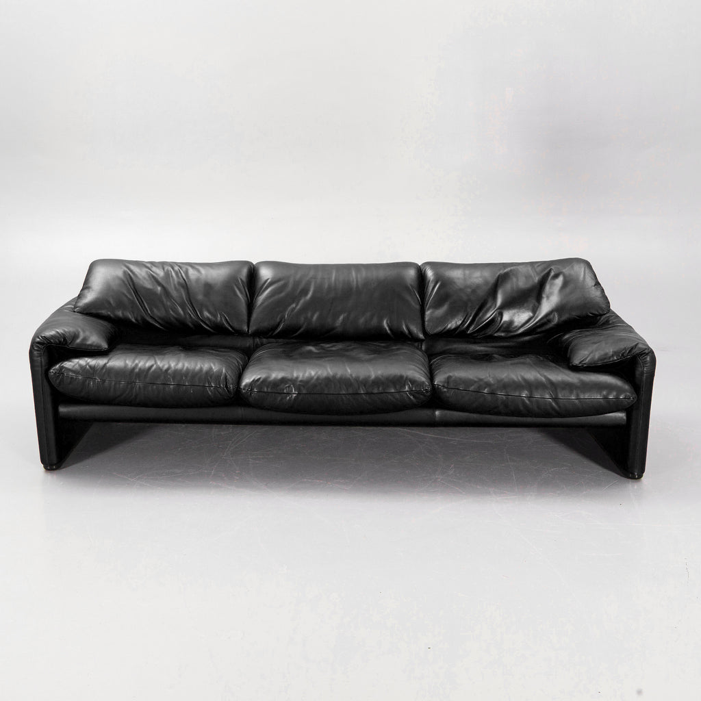 Vico Magistretti Maralunga Three-Seat Sofa for Cassina in Black Leather