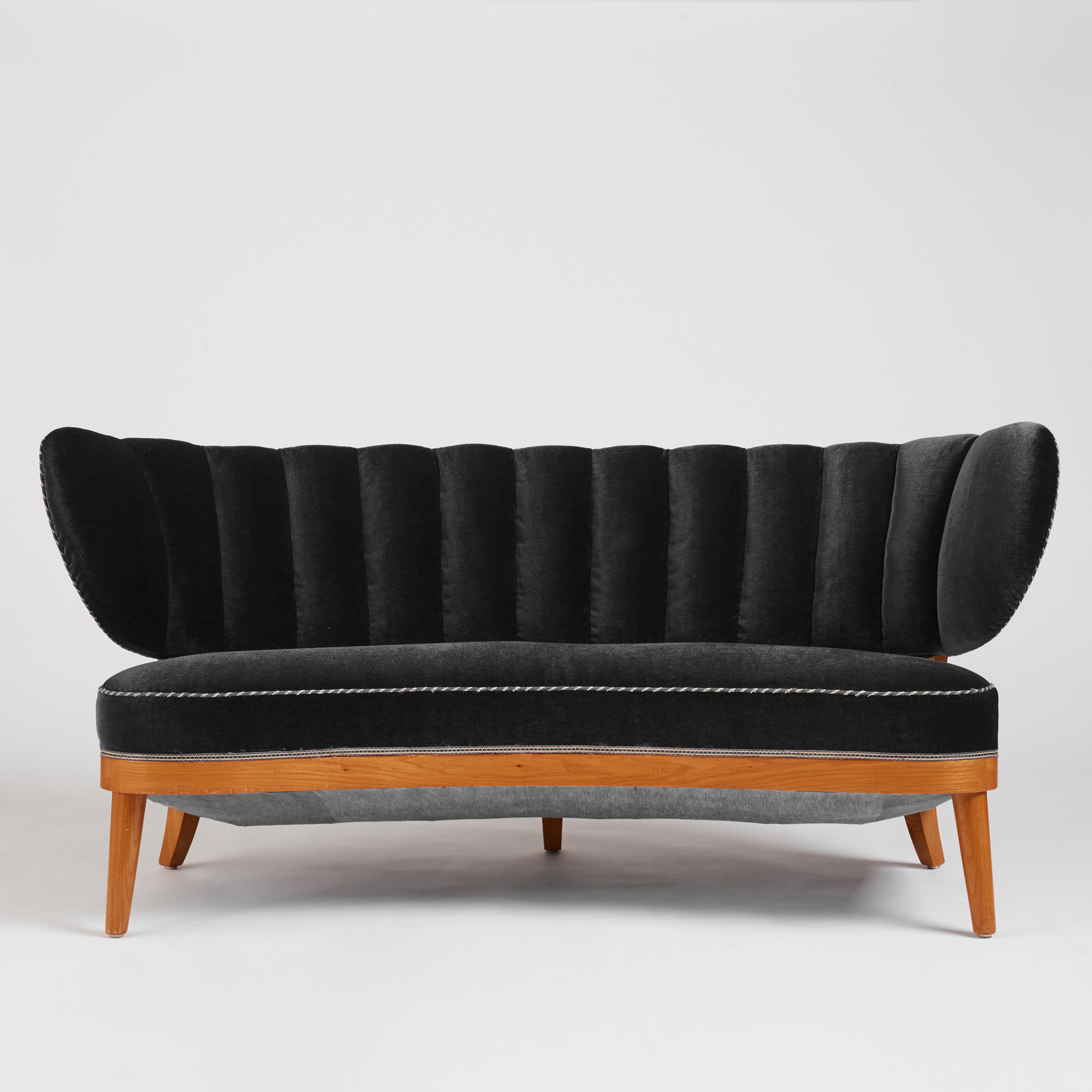 Otto Schulz Swedish Modern Sofa for Boet in Black Velvet, 1940s