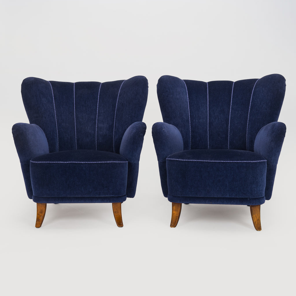 Mid-Century Scandinavian Armchairs, Pair, Blue Upholstery