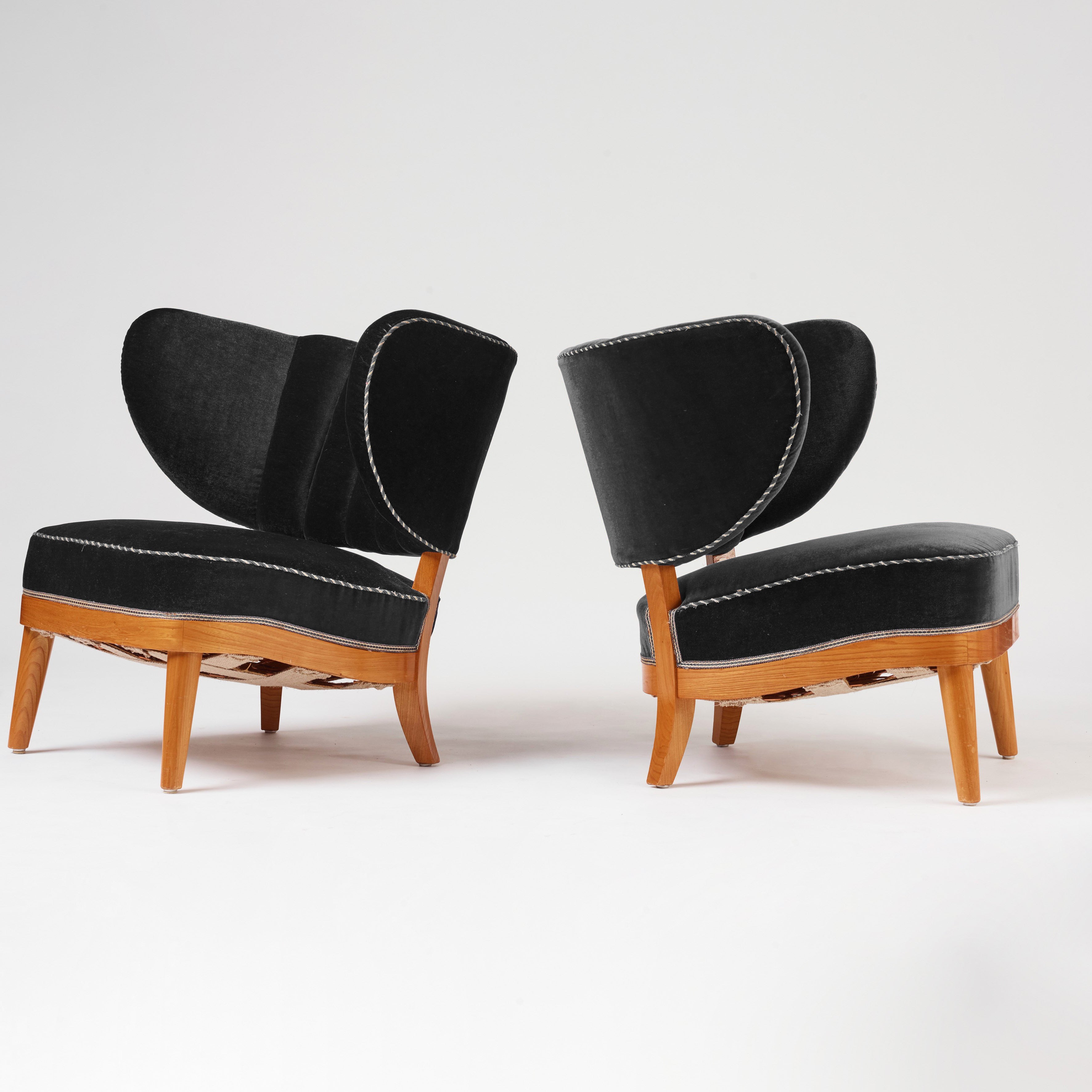 Otto Schulz Swedish Modern Easy Chairs for Boet, Pair in Black Velvet