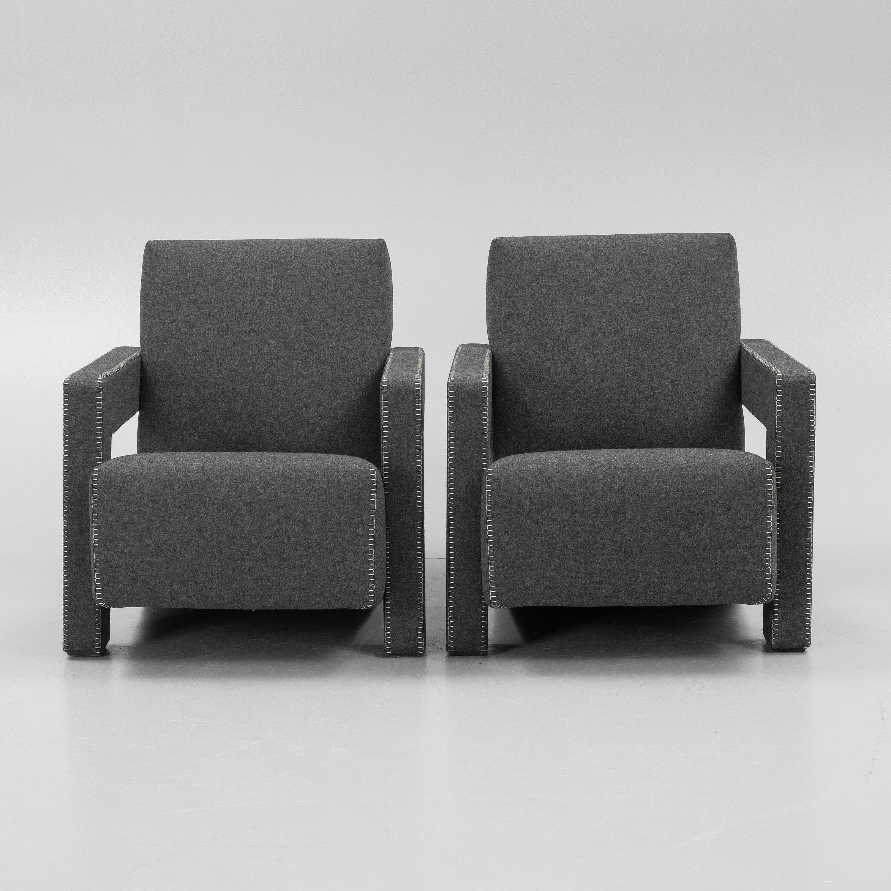 Gerrit Rietveld Utrecht Armchairs for Cassina, Pair in Light Gray Wool