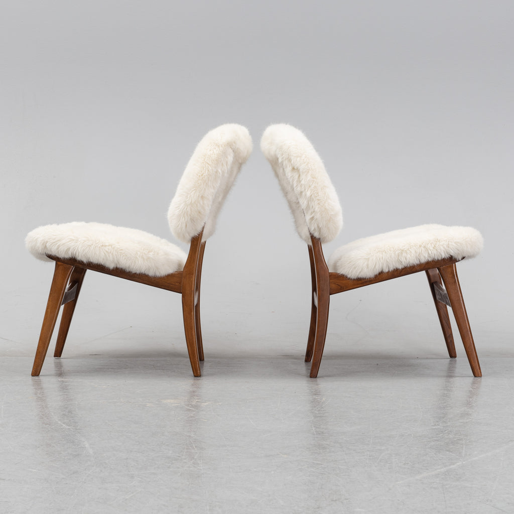 Pair of Mid-Century Lounge Chairs in Beech and Sheepskin-Style Upholstery
