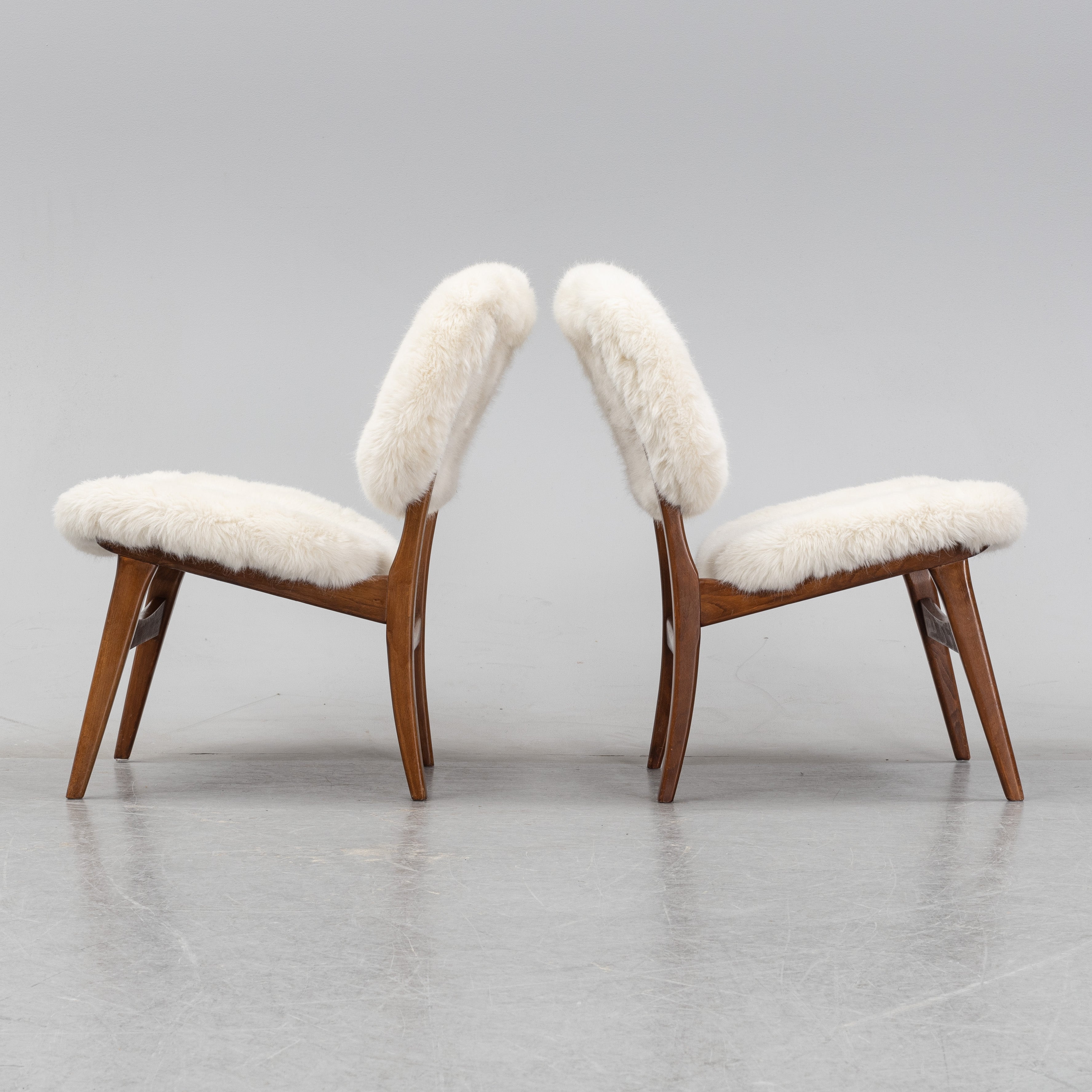 Pair of Mid-Century Lounge Chairs in Beech and Sheepskin-Style Upholstery