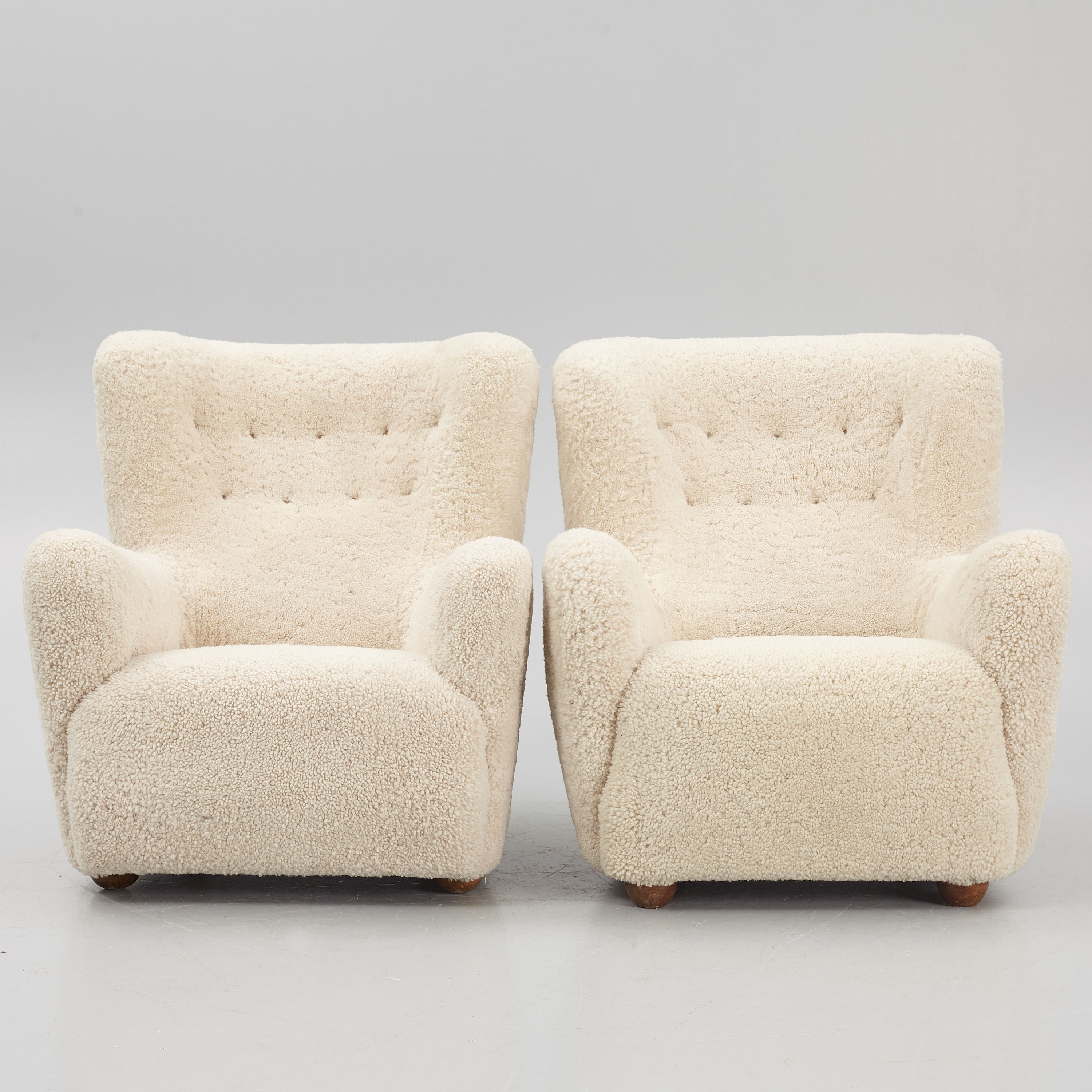 Pair of Danish Modern Sheepskin Lounge Chairs, 1930s–1940s