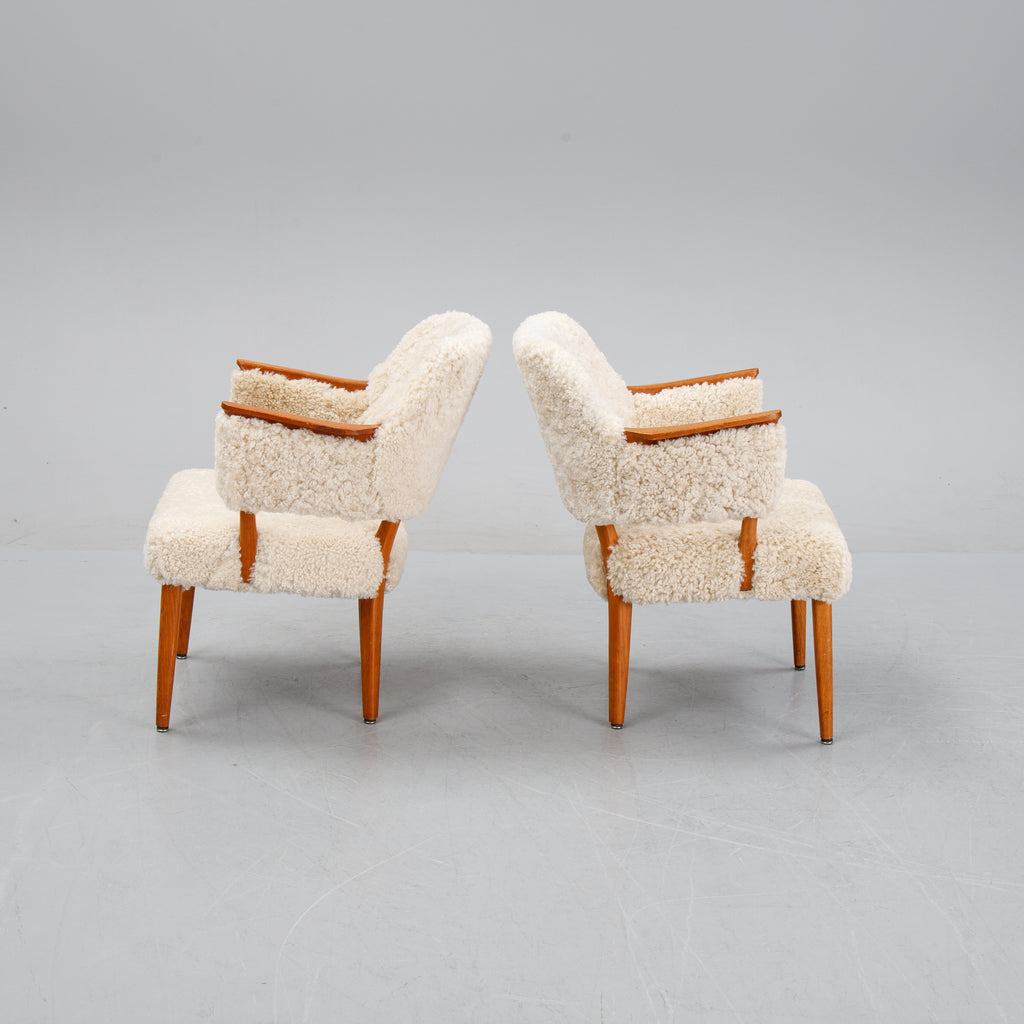 Scandinavian Teak and Sheepskin Easy Chairs, Pair, 1950s