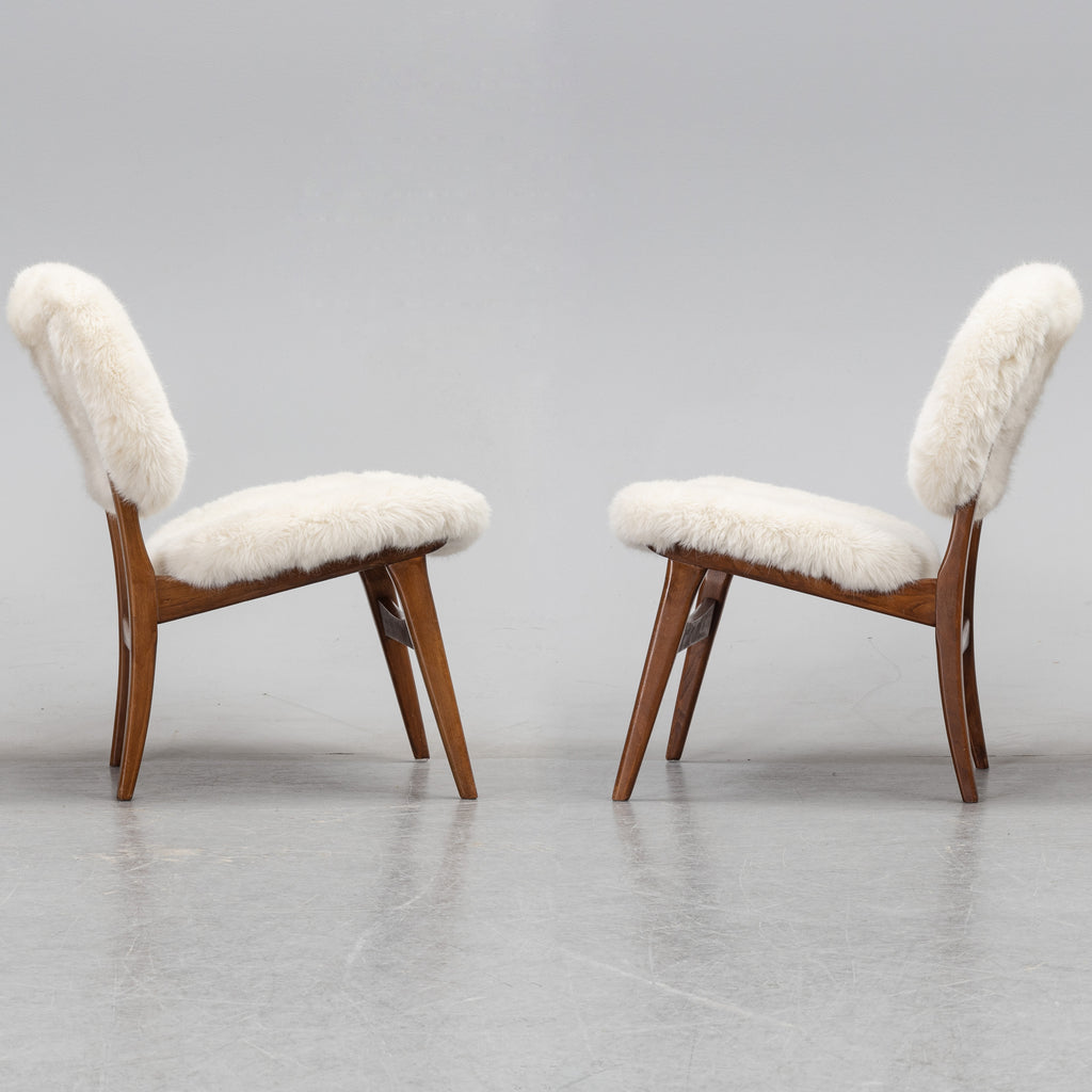 Pair of Mid-Century Lounge Chairs in Beech and Sheepskin-Style Upholstery