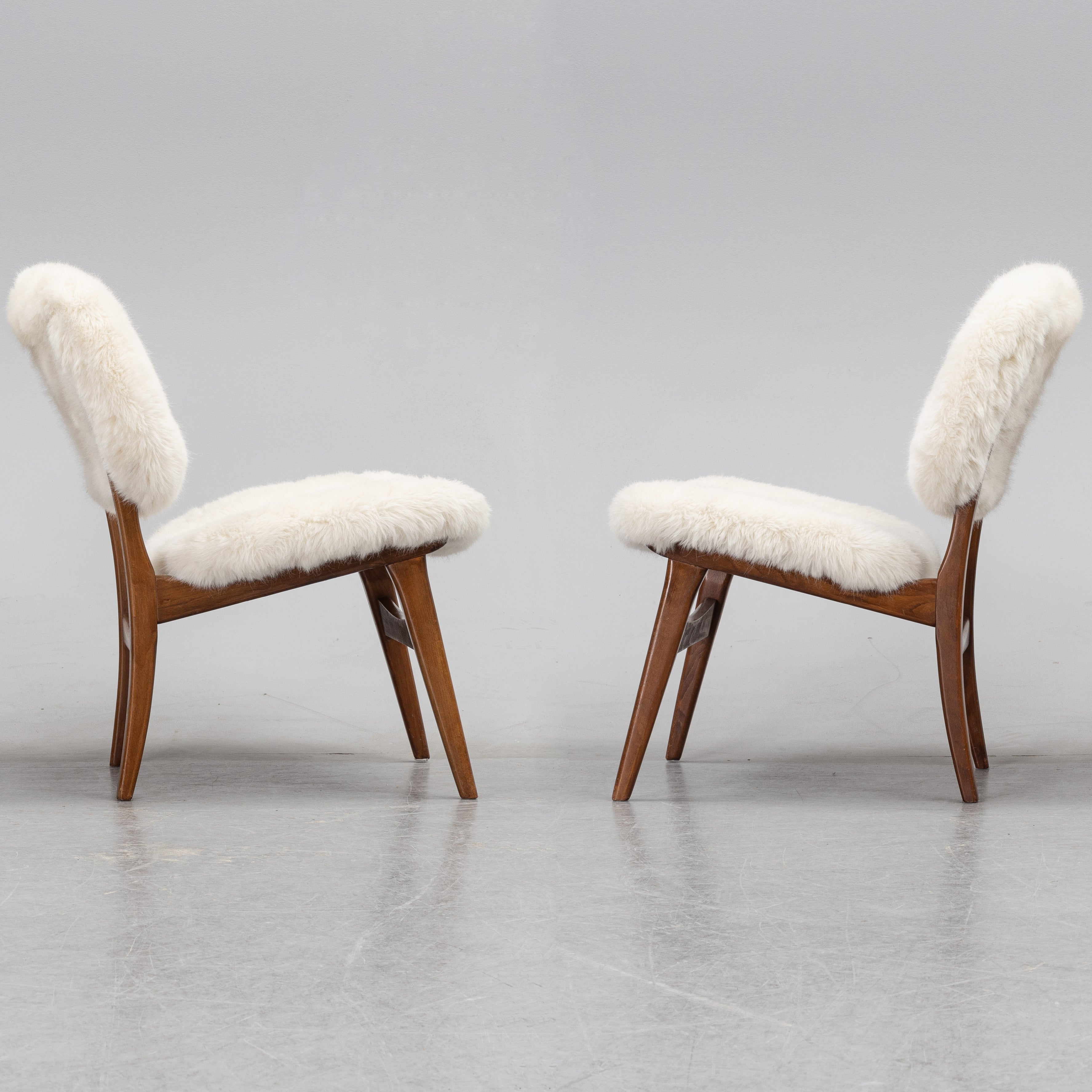 Pair of Mid-Century Lounge Chairs in Beech and Sheepskin-Style Upholstery