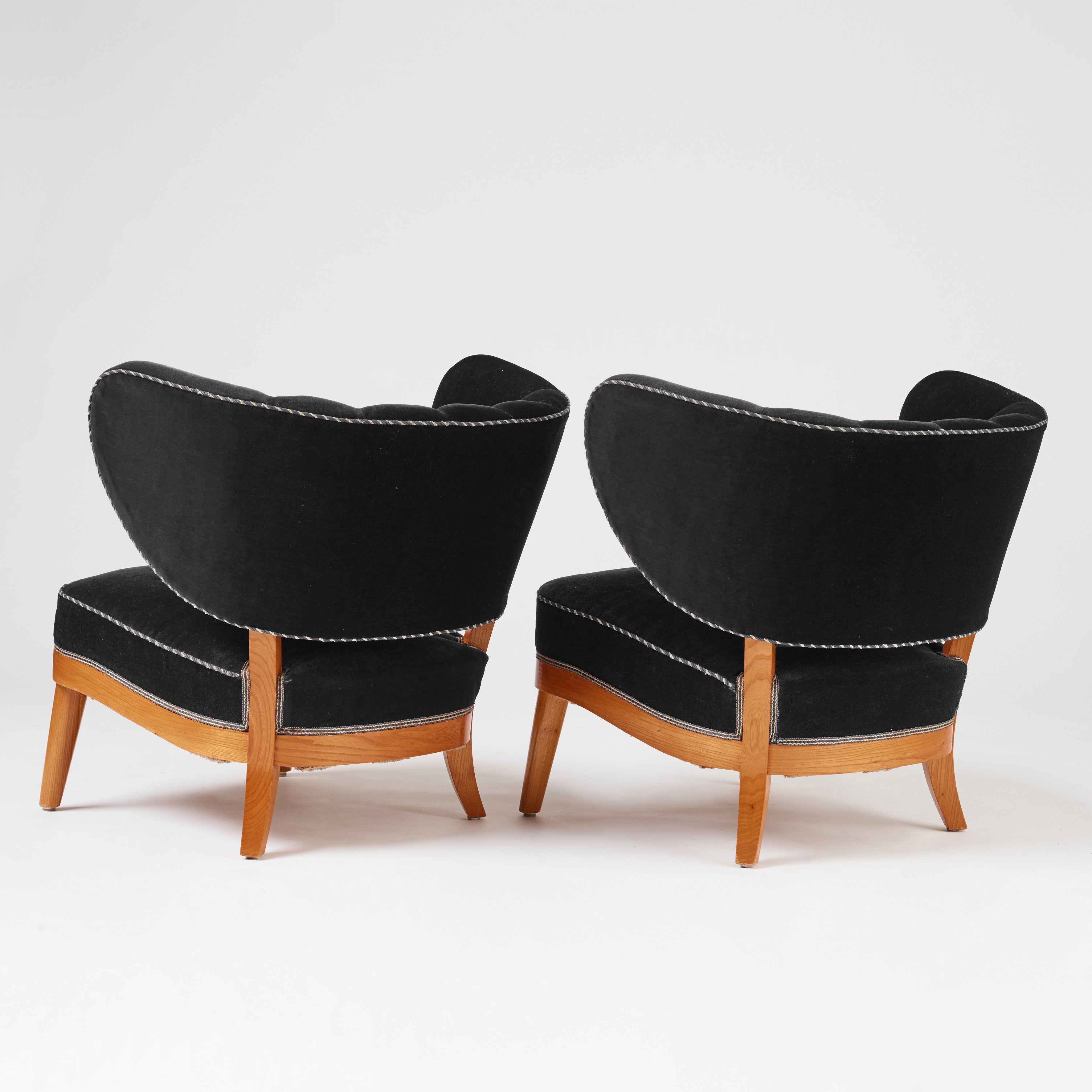Otto Schulz Swedish Modern Easy Chairs for Boet, Pair in Black Velvet
