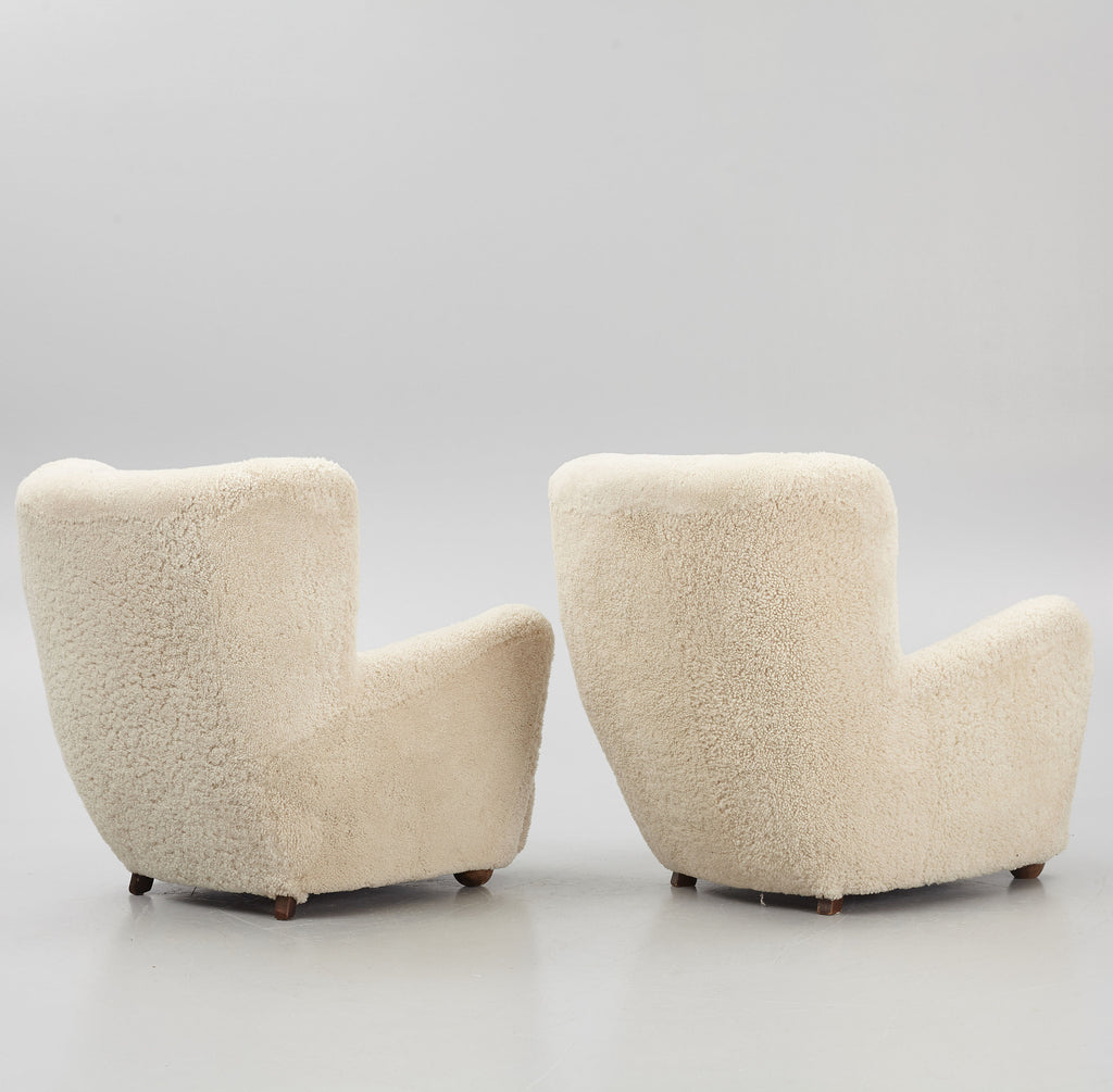 Pair of Danish Modern Sheepskin Lounge Chairs, 1930s–1940s
