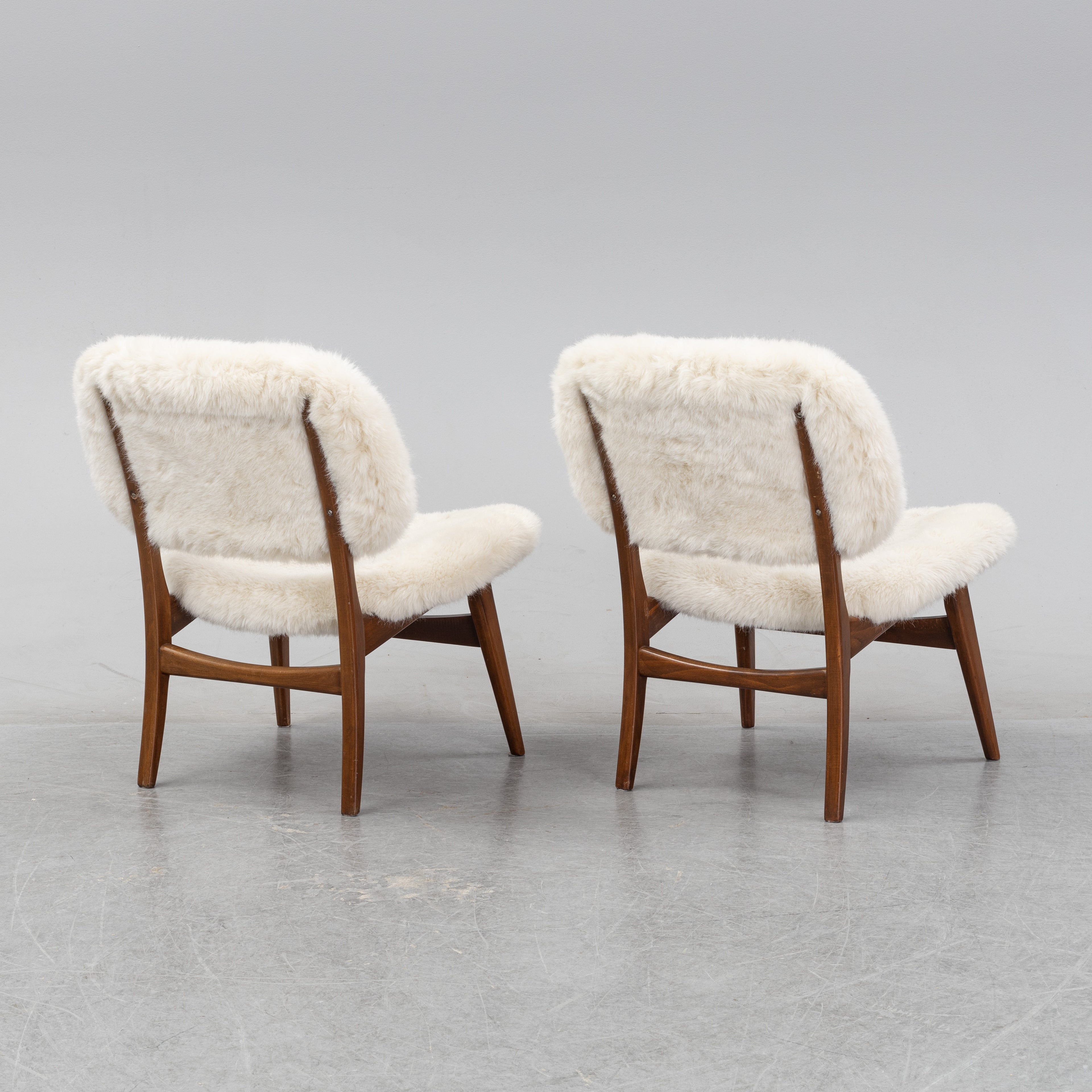 Pair of Mid-Century Lounge Chairs in Beech and Sheepskin-Style Upholstery