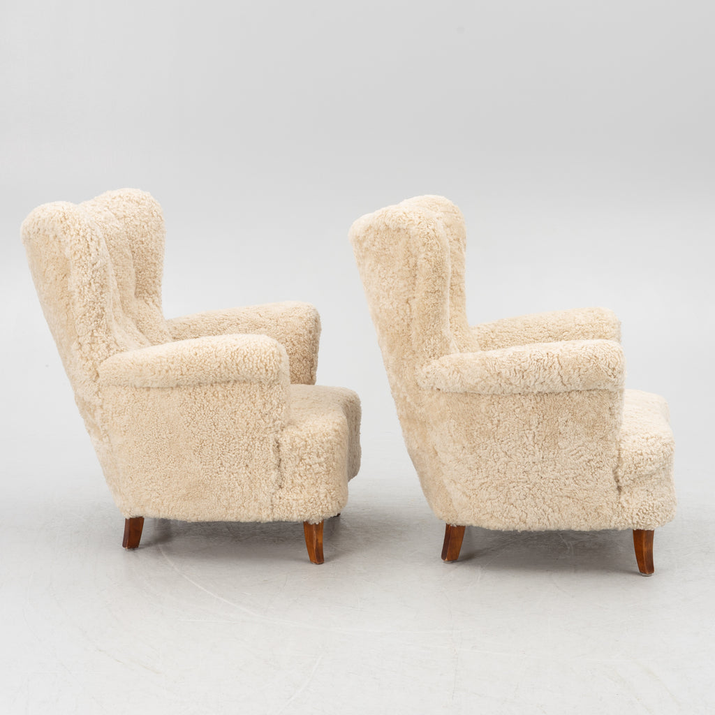 Mid Century Lounge Chairs Beech Sheepskin Pair