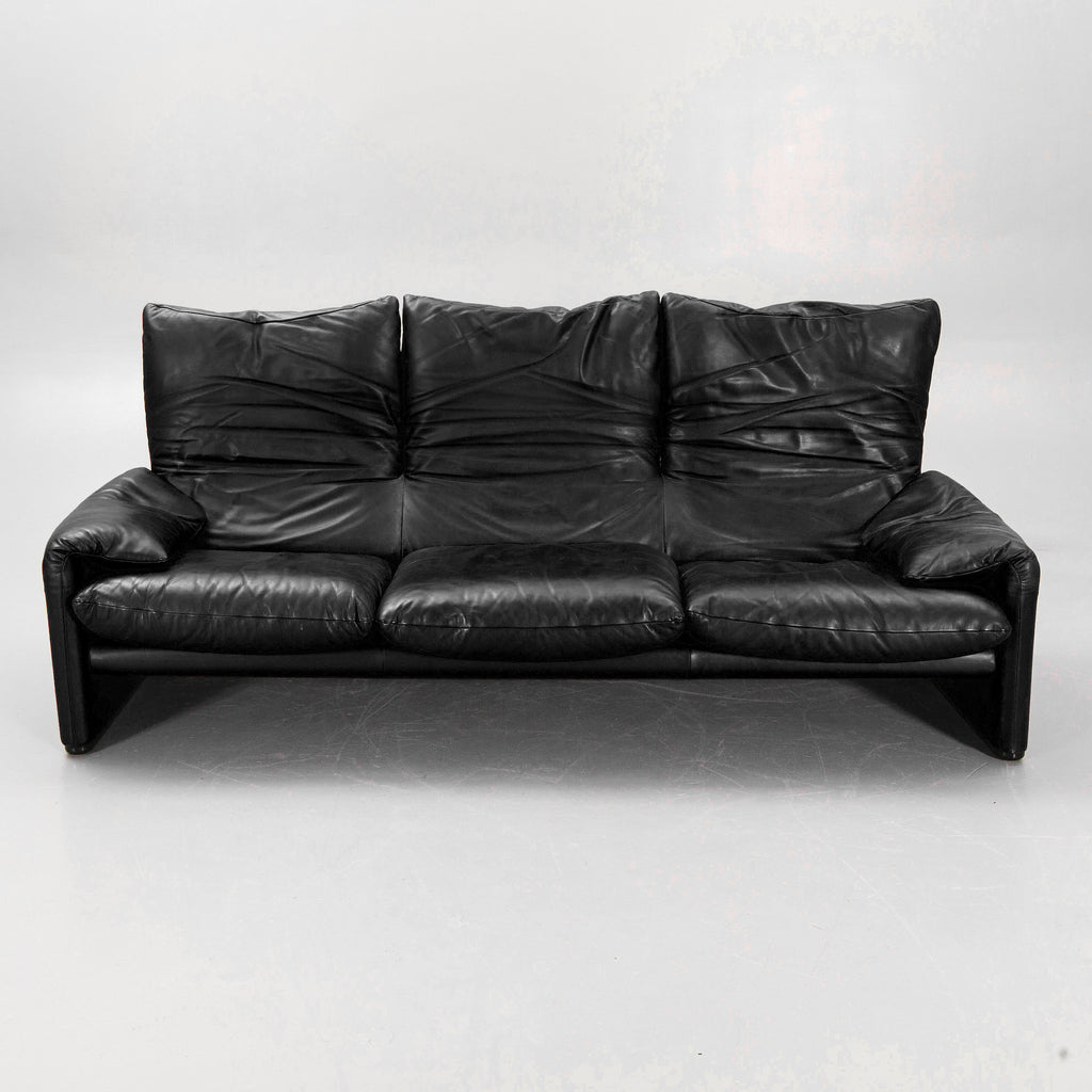 Vico Magistretti Maralunga Three-Seat Sofa for Cassina in Black Leather