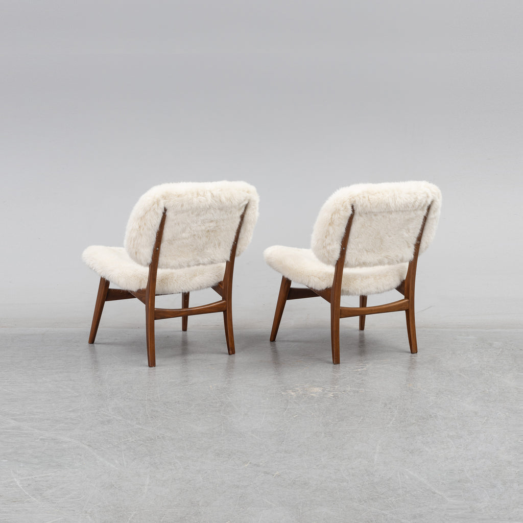 Pair of Mid-Century Lounge Chairs in Beech and Sheepskin-Style Upholstery