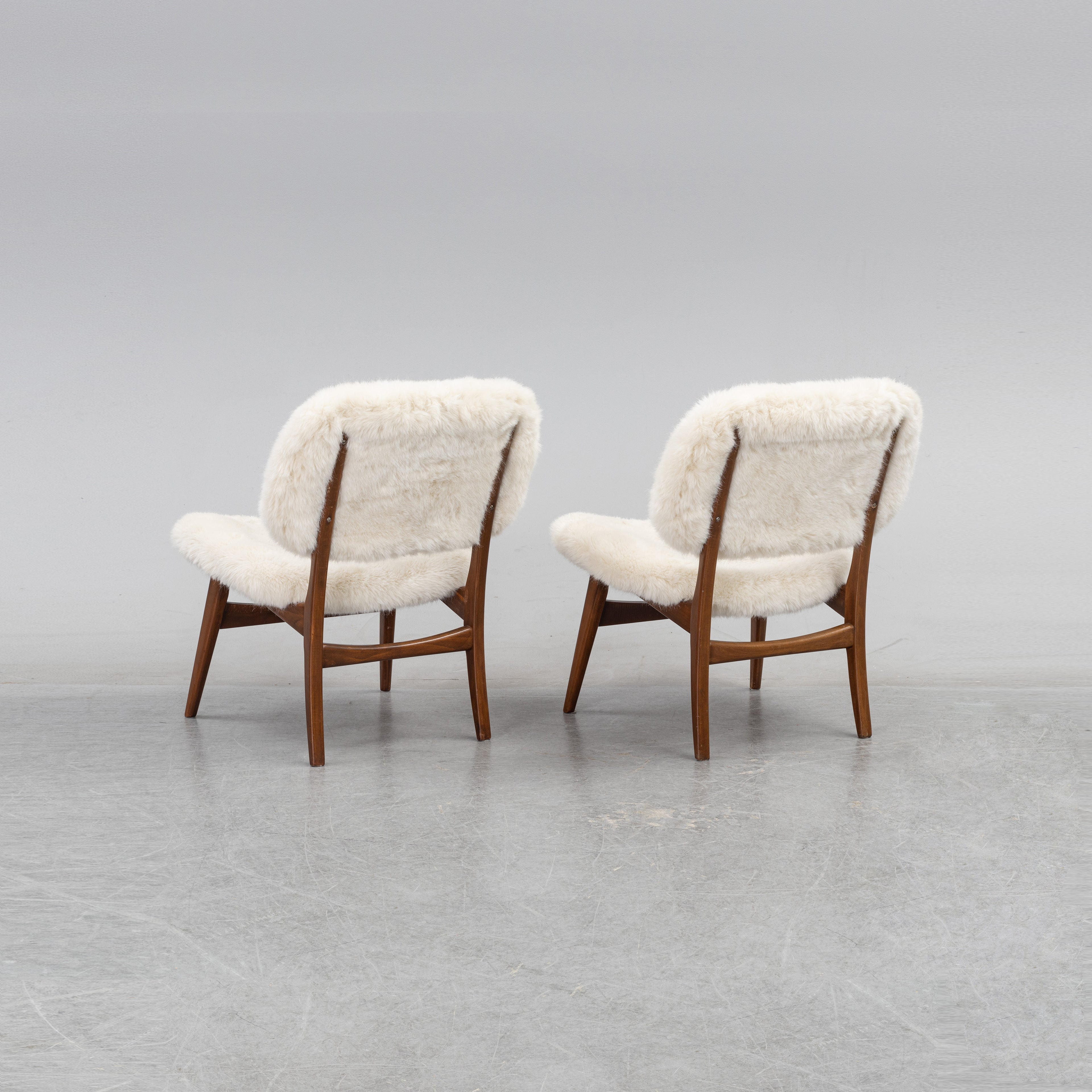 Pair of Mid-Century Lounge Chairs in Beech and Sheepskin-Style Upholstery