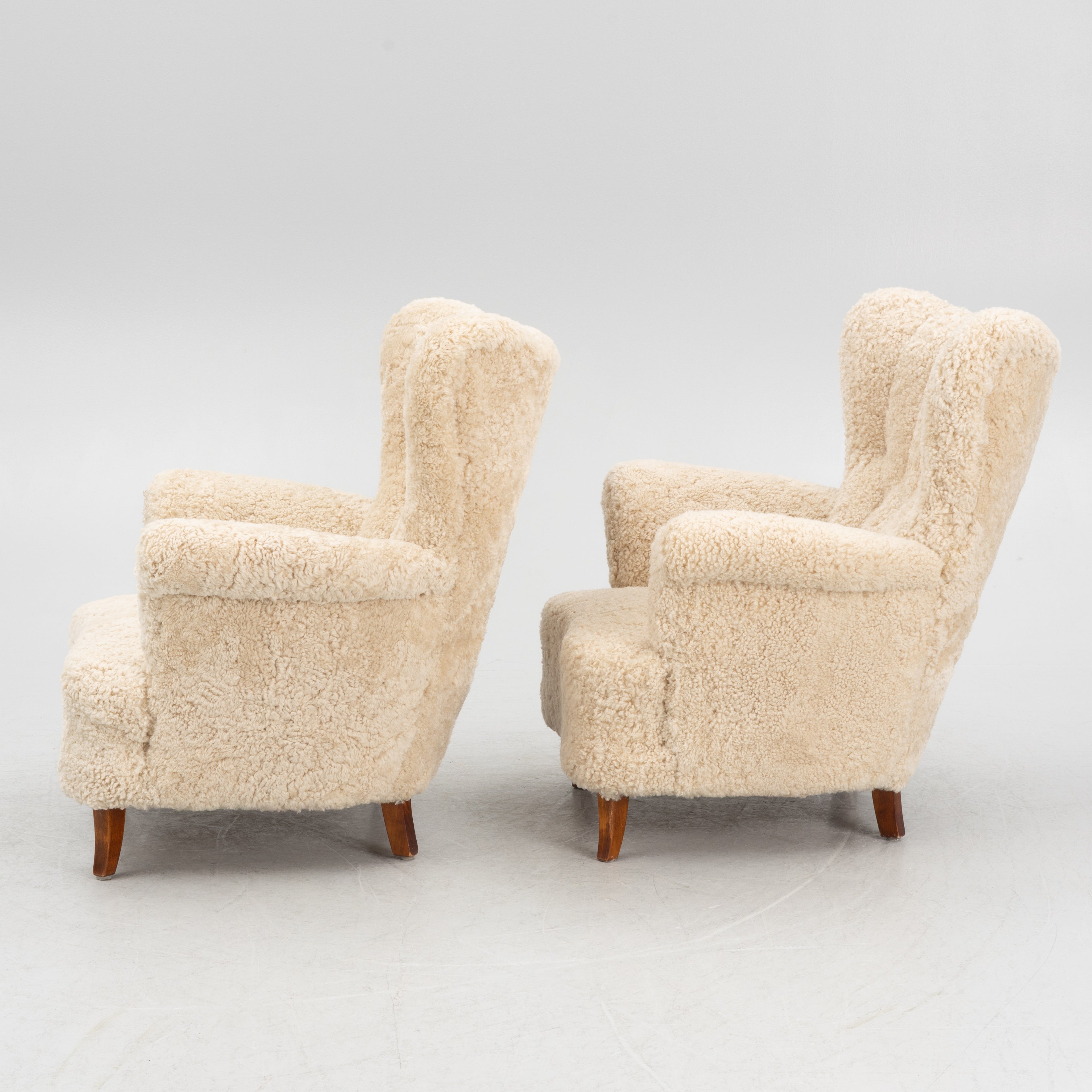 Mid Century Lounge Chairs Beech Sheepskin Pair