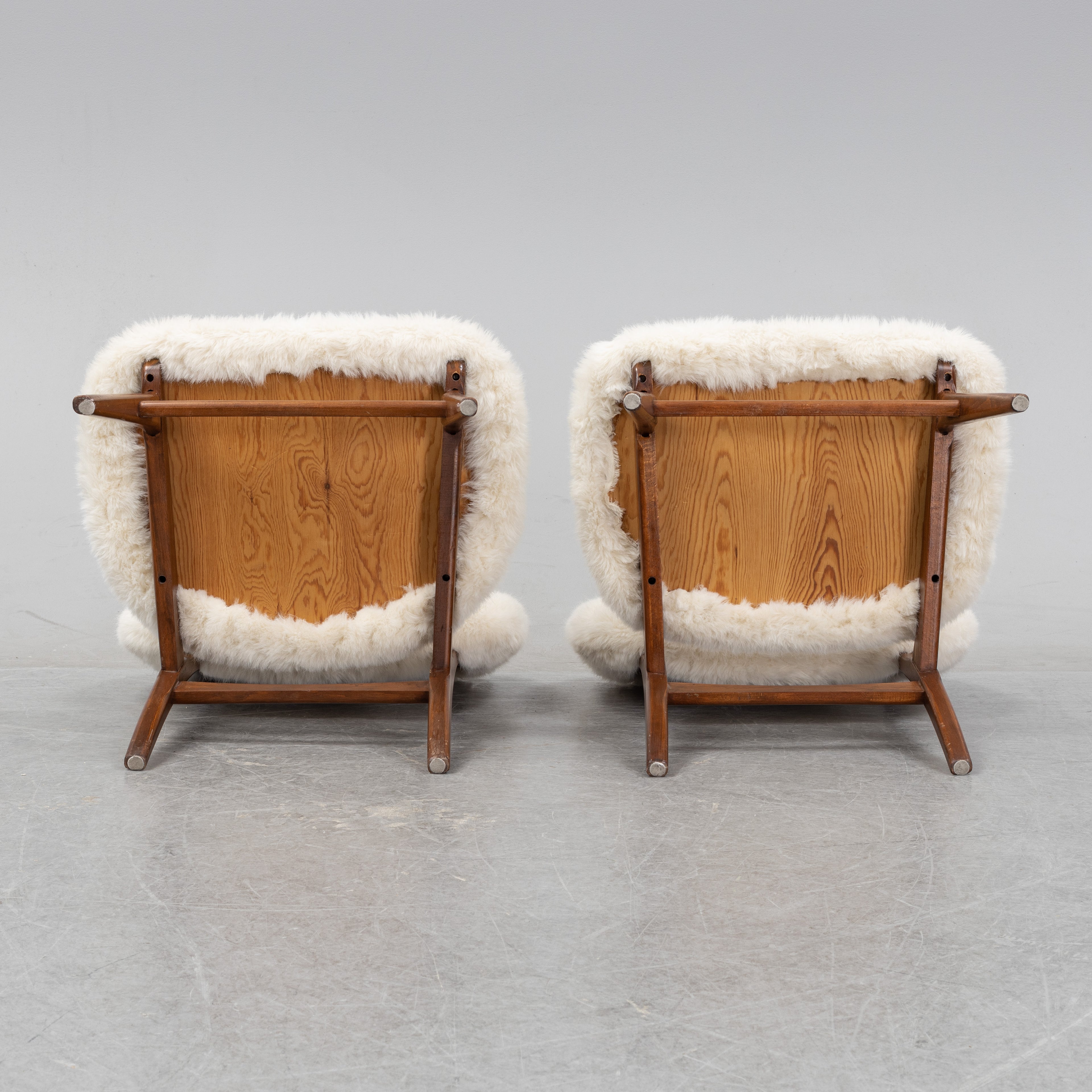 Pair of Mid-Century Lounge Chairs in Beech and Sheepskin-Style Upholstery