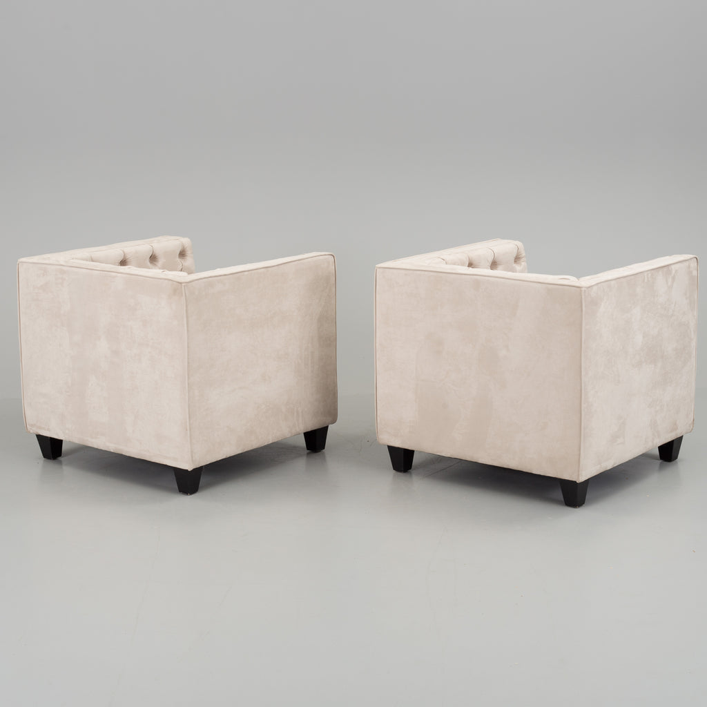 Italian Cube Club Armchairs, Pair, Cream Upholstery