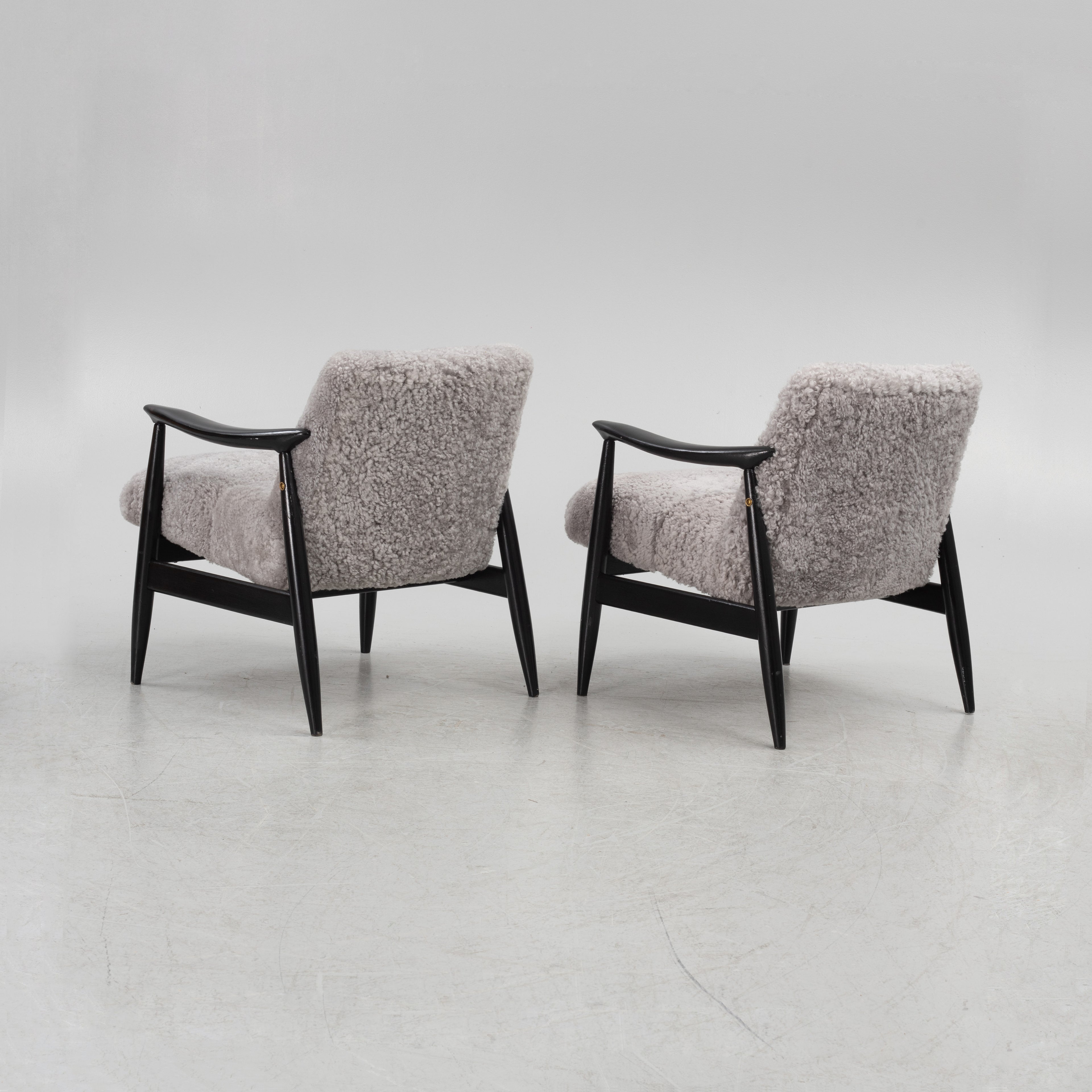 Scandinavian Grey Sheepskin Easy Chairs Pair, 1950s–60s