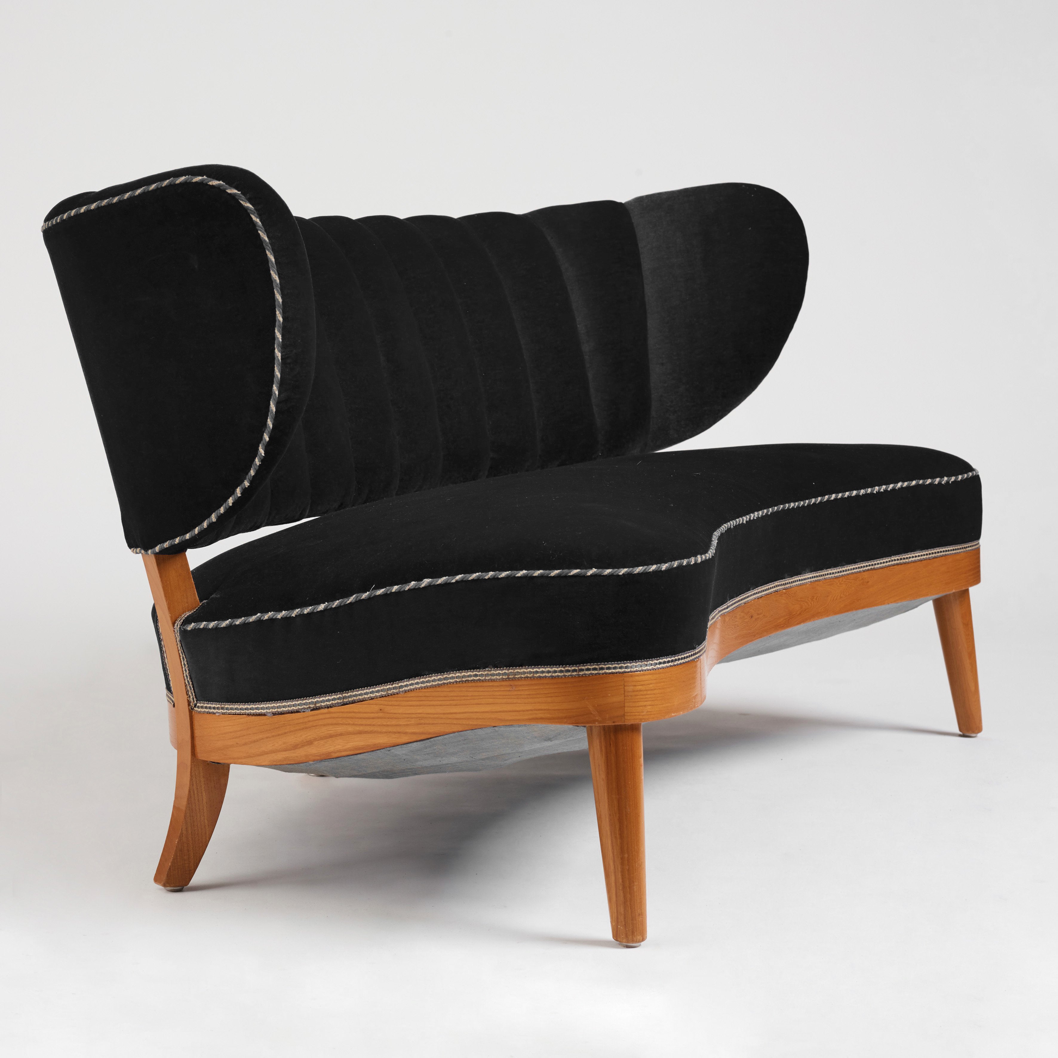 Otto Schulz Swedish Modern Sofa for Boet in Black Velvet, 1940s