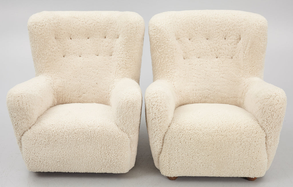 Pair of Danish Modern Sheepskin Lounge Chairs, 1930s–1940s