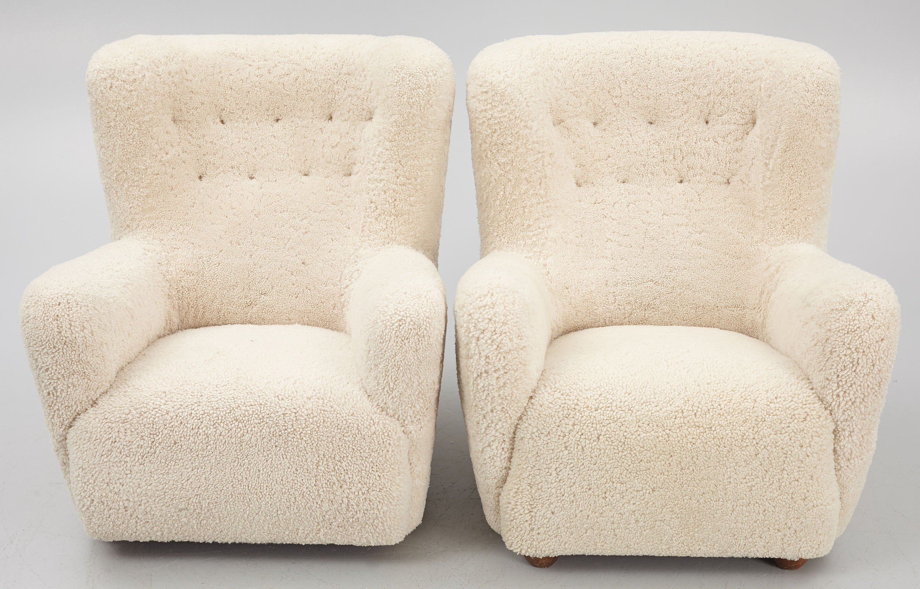 Pair of Danish Modern Sheepskin Lounge Chairs, 1930s–1940s