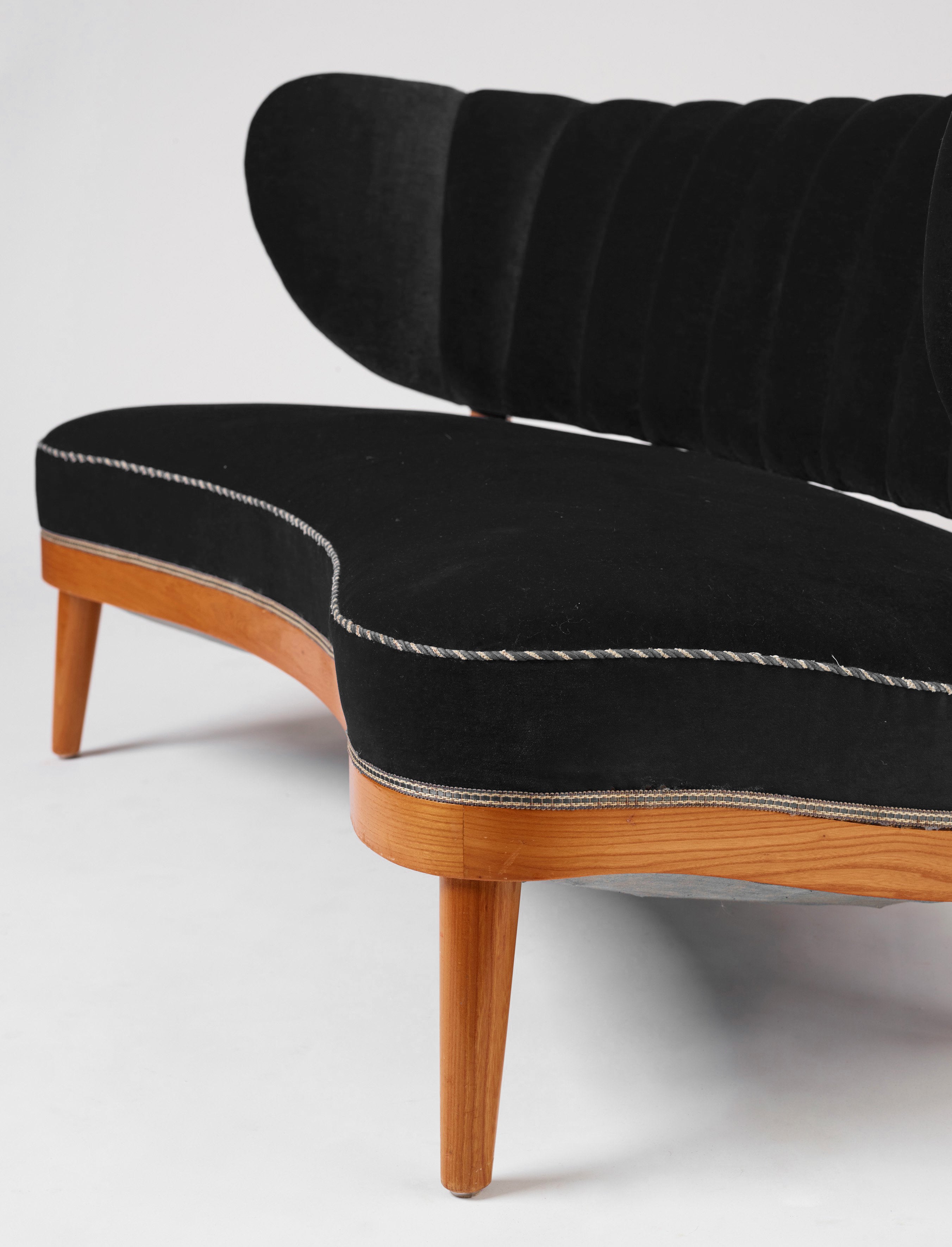 Otto Schulz Swedish Modern Sofa for Boet in Black Velvet, 1940s